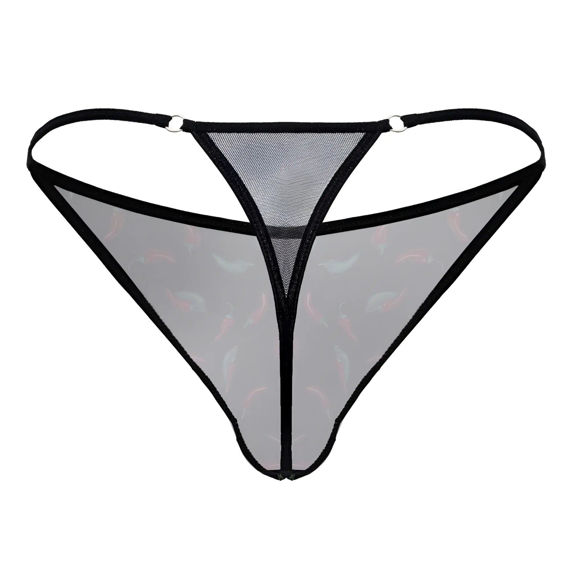 Black trimmed sheer mesh thong with subtle pink and gray fish pattern candyMan 99875 chili pepper thongs