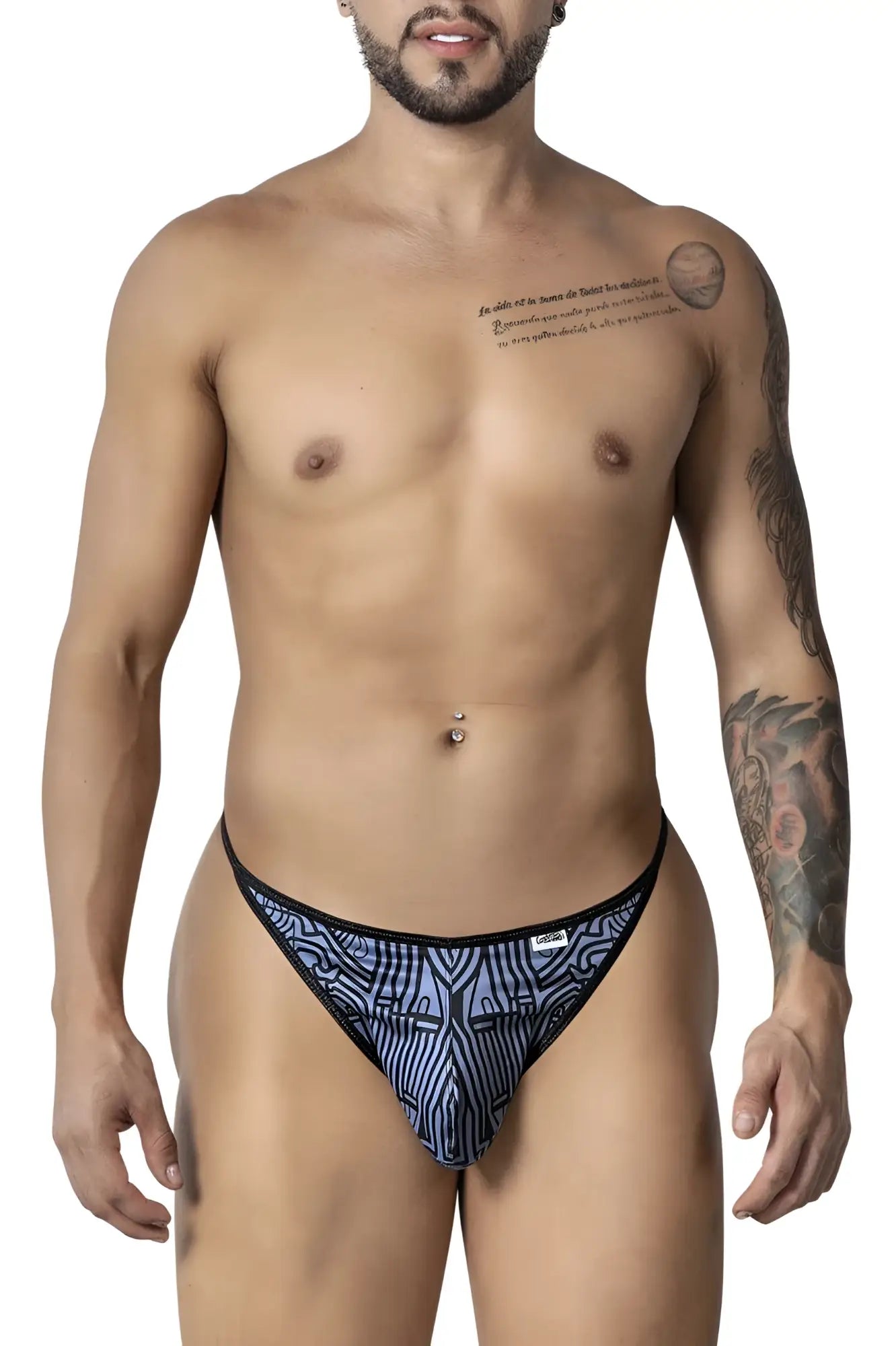 Candyman 99875 egyptian thongs in gray black featuring blue and black geometric patterned men’s briefs design