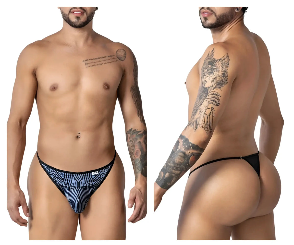 CandyMan 99875 Egyptian thong in black and blue patterned fabric with sleek modern design for men
