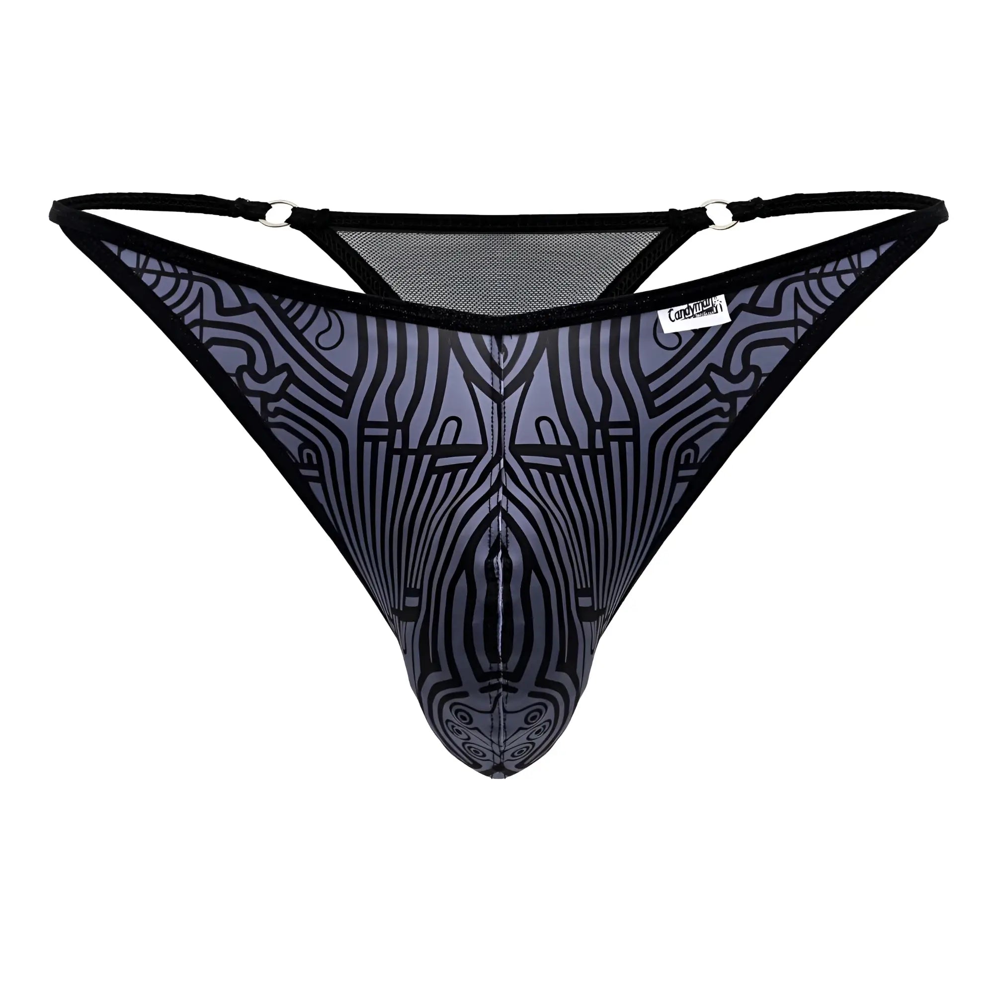 CandyMan 99875 Egyptian thong in gray-black patterned mesh with abstract face design on front side