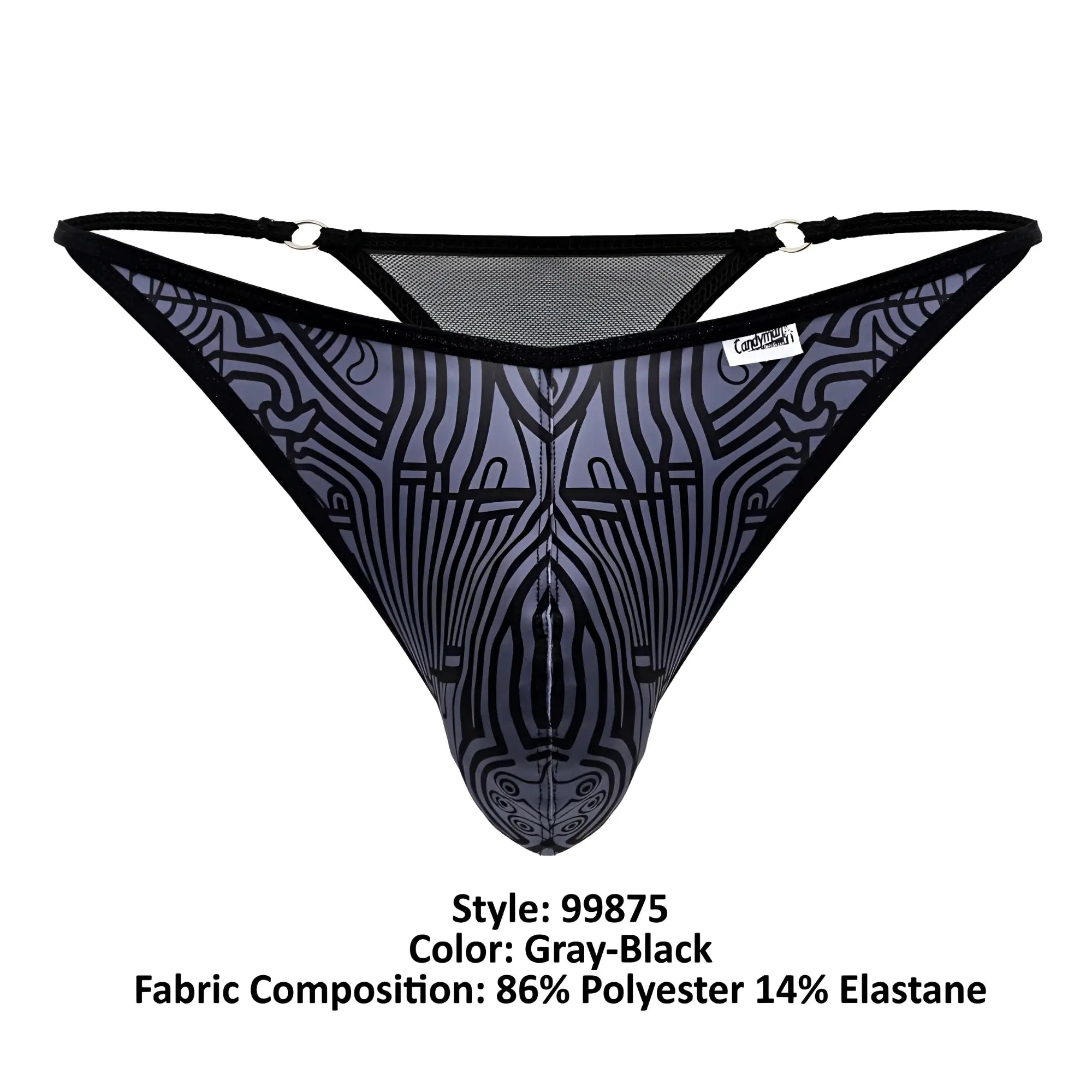 Gray-black patterned mesh thong with black trim and stylized zebra design by CandyMan 99875 Egyptian Thongs