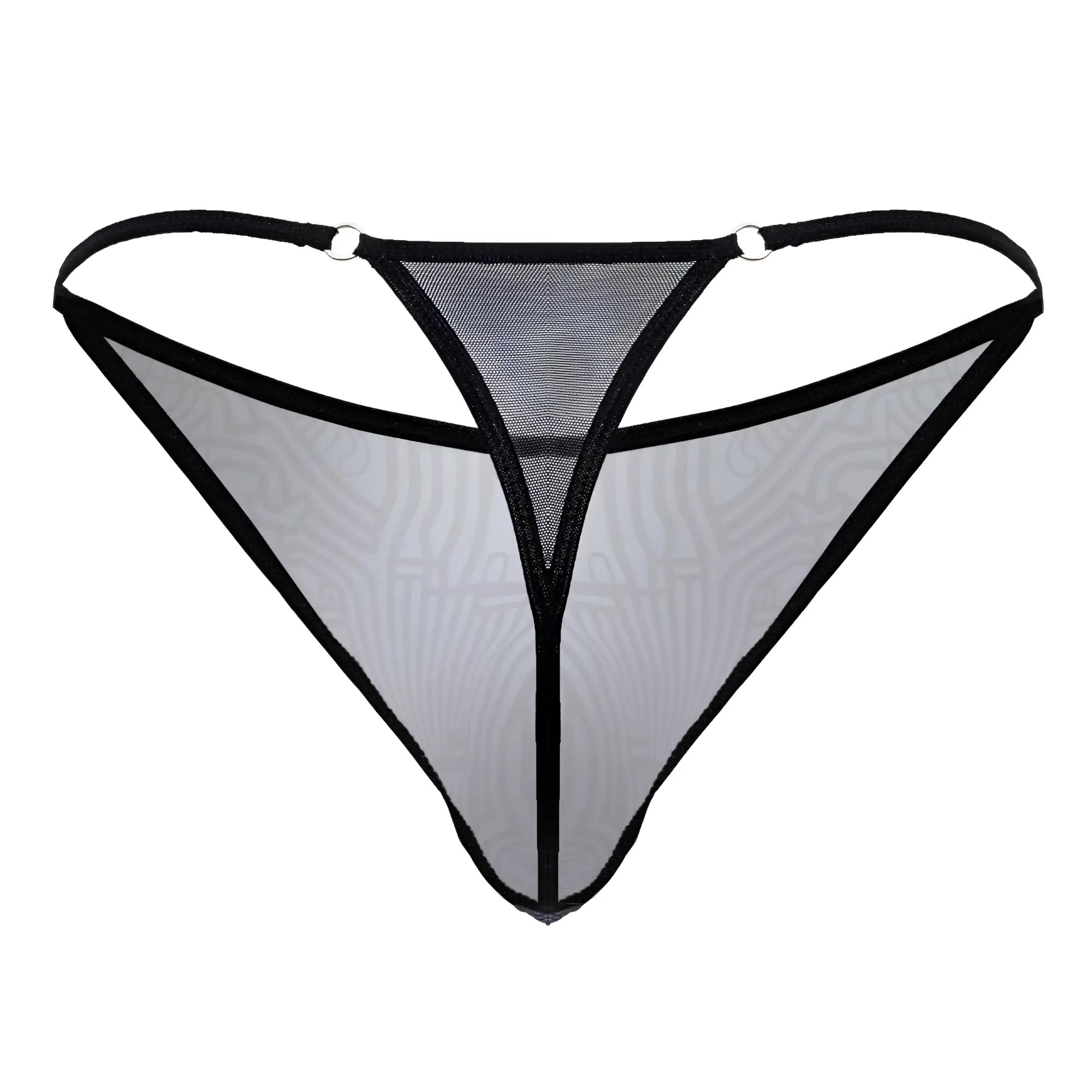 Black-trimmed sheer mesh CandyMan 99875 Egyptian thong in gray black with subtle pattern and metallic ring attachments