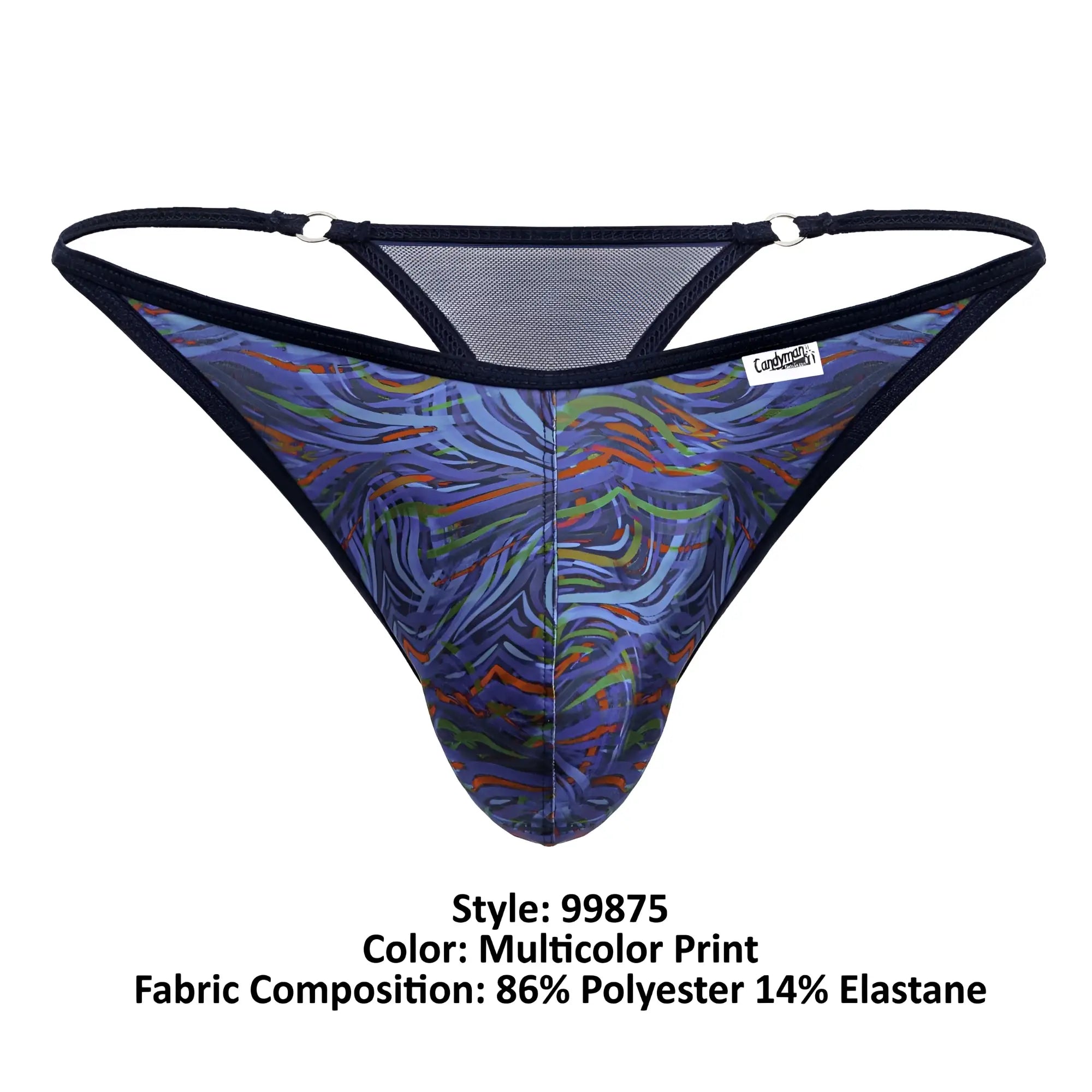 CandyMan 99875 seawater multicolor thong with multicolor wave pattern polyester elastane blend and black mesh back panel