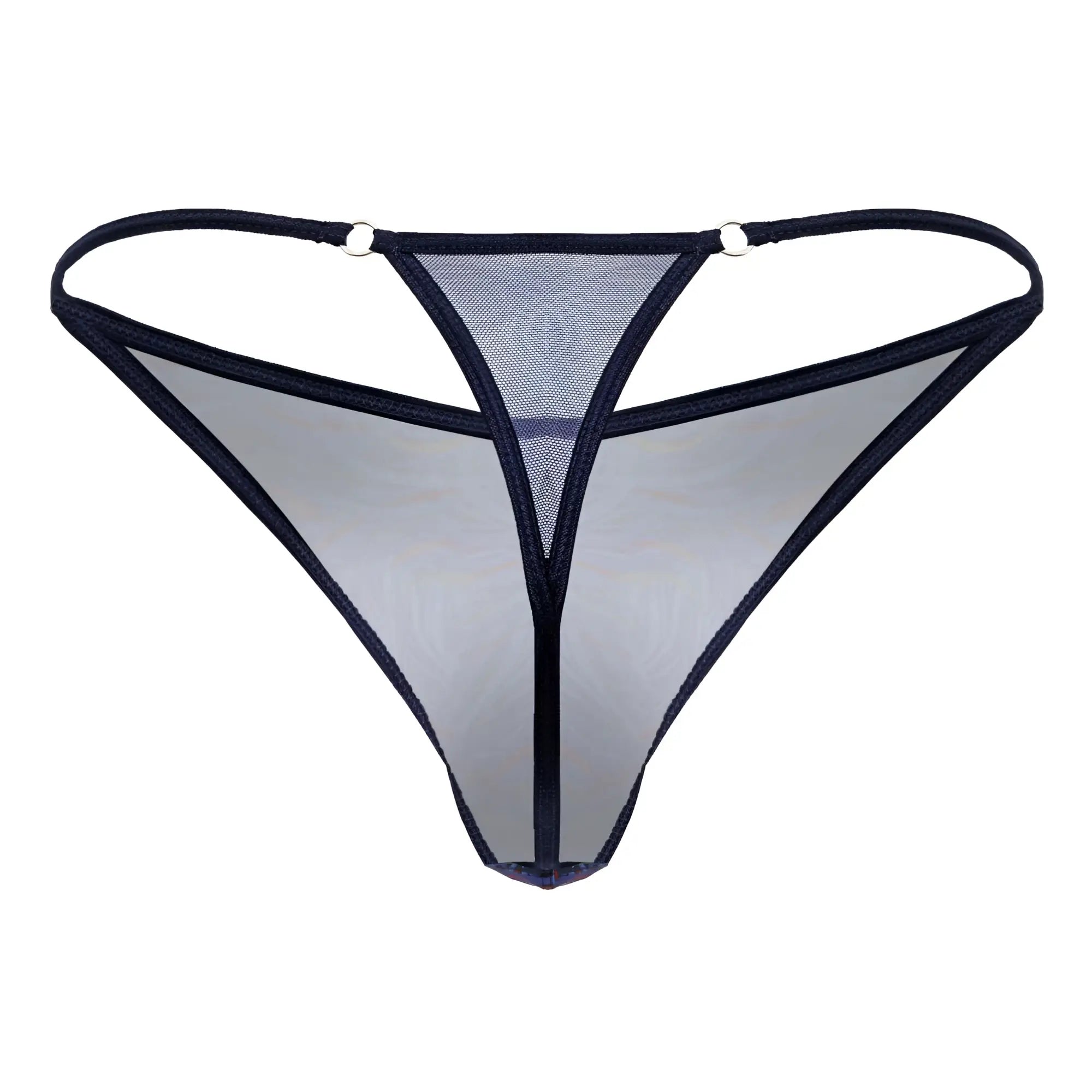 Black mesh CandyMan 99875 seawater thong with sheer multicolor print and reinforced edges, front view