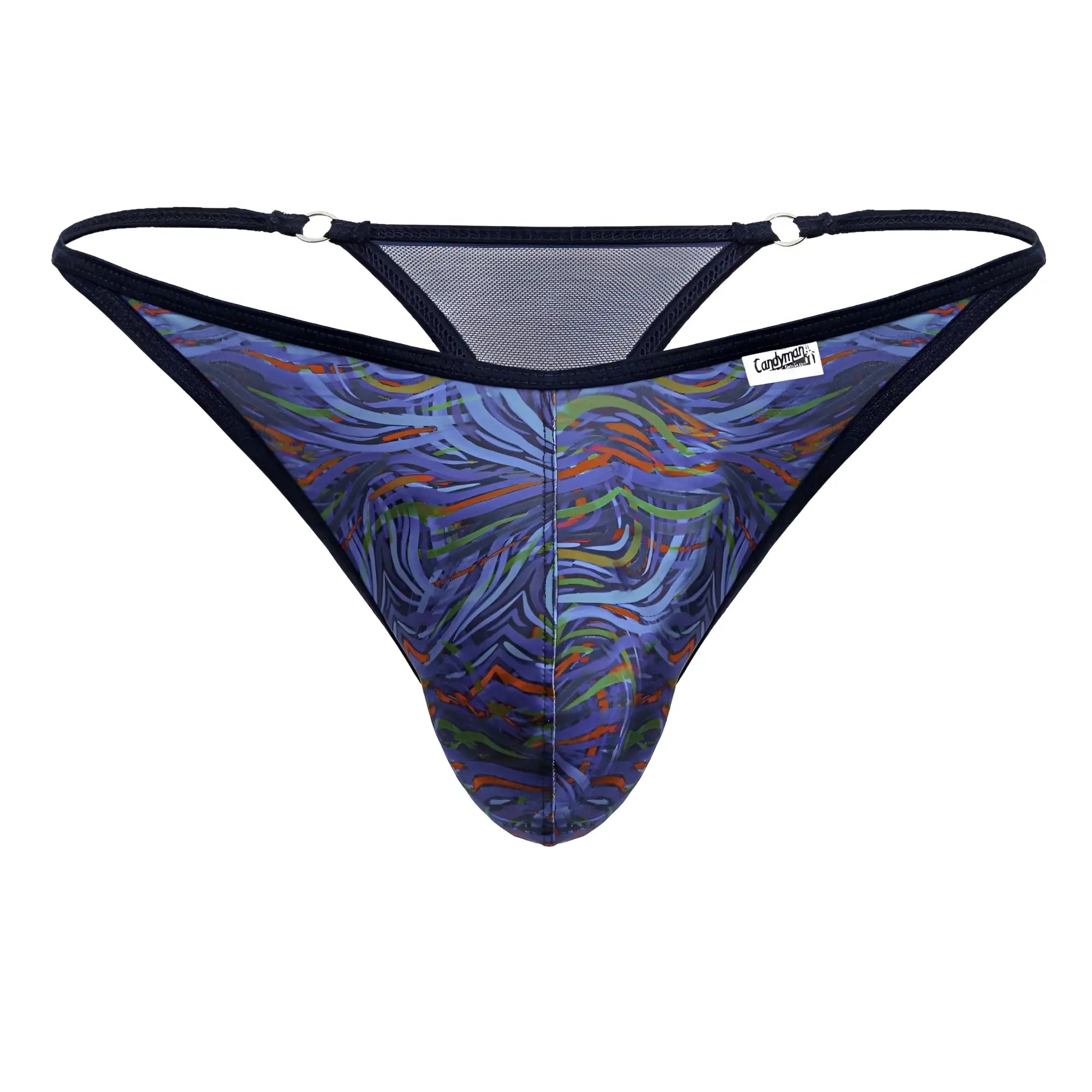 Blue and green abstract patterned CandyMan 99875 seawater thong with black trim and mesh backband shown from back side