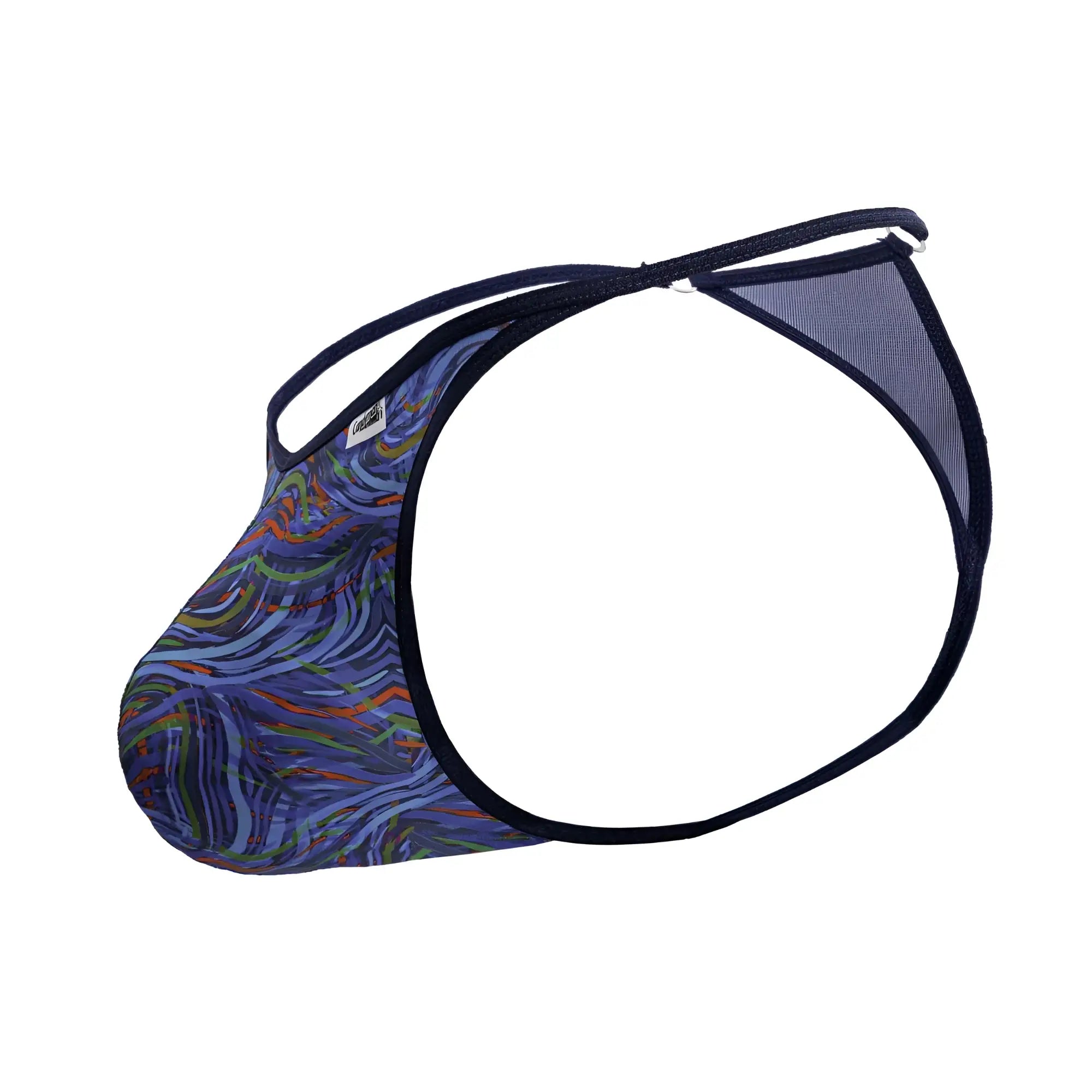 Blue and multicolored wave-patterned mesh thong with black trim from candyman 99875 seawater thongs collection