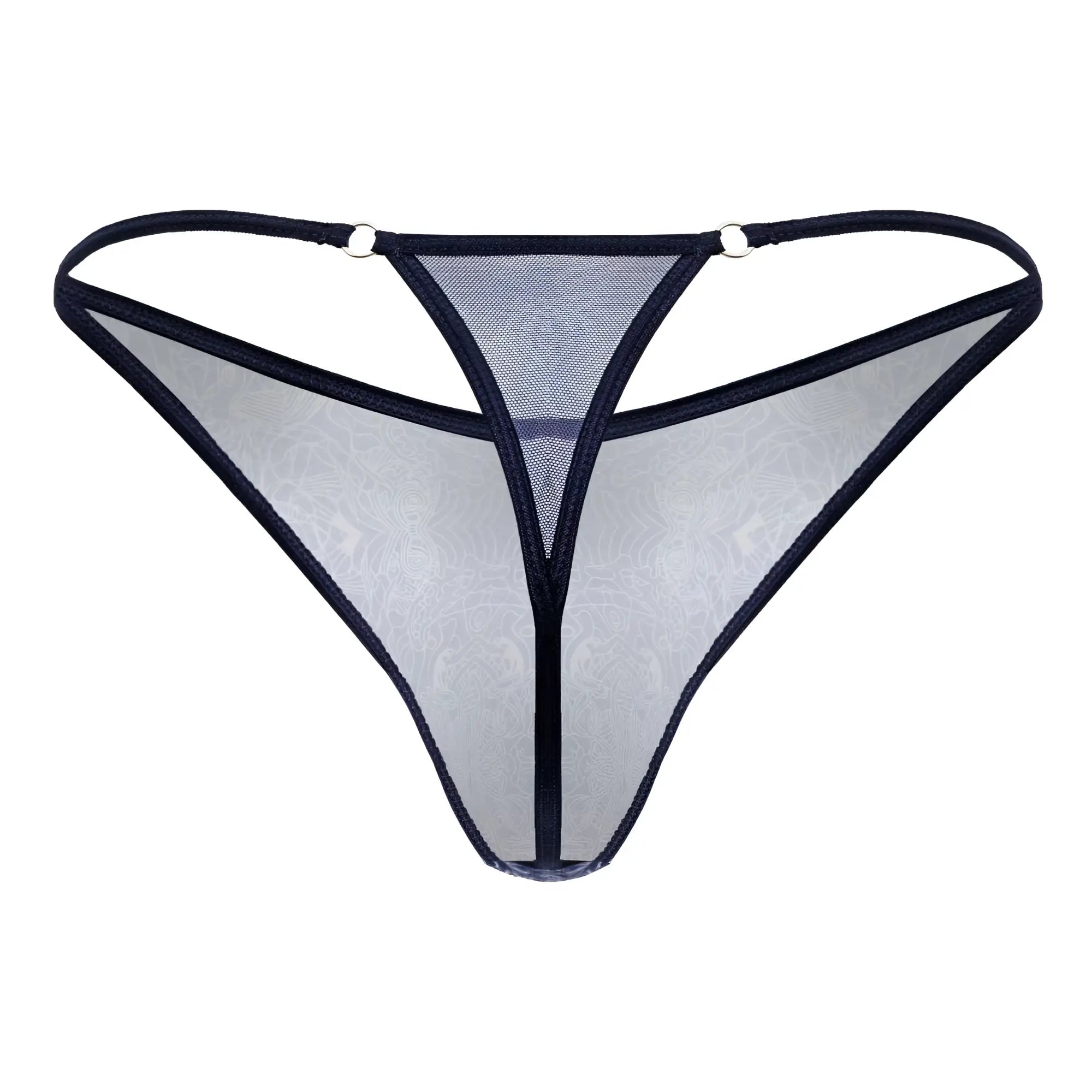 CandyMan 99875 sheer mesh thong in blue-white with black trim and subtle floral pattern shown from back side
