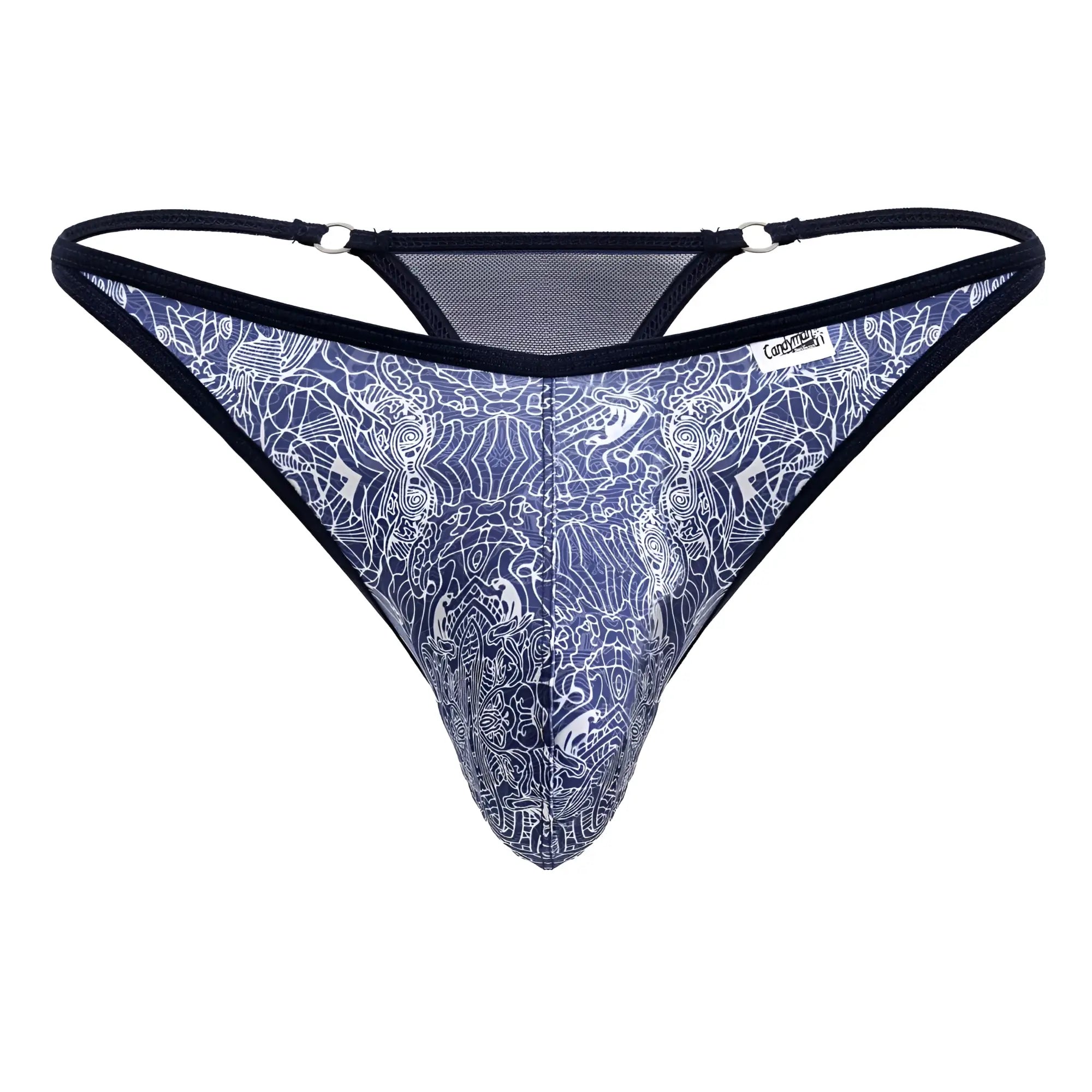 Blue and white patterned CandyMan 99875 thong with black trim designed for comfortable everyday wear