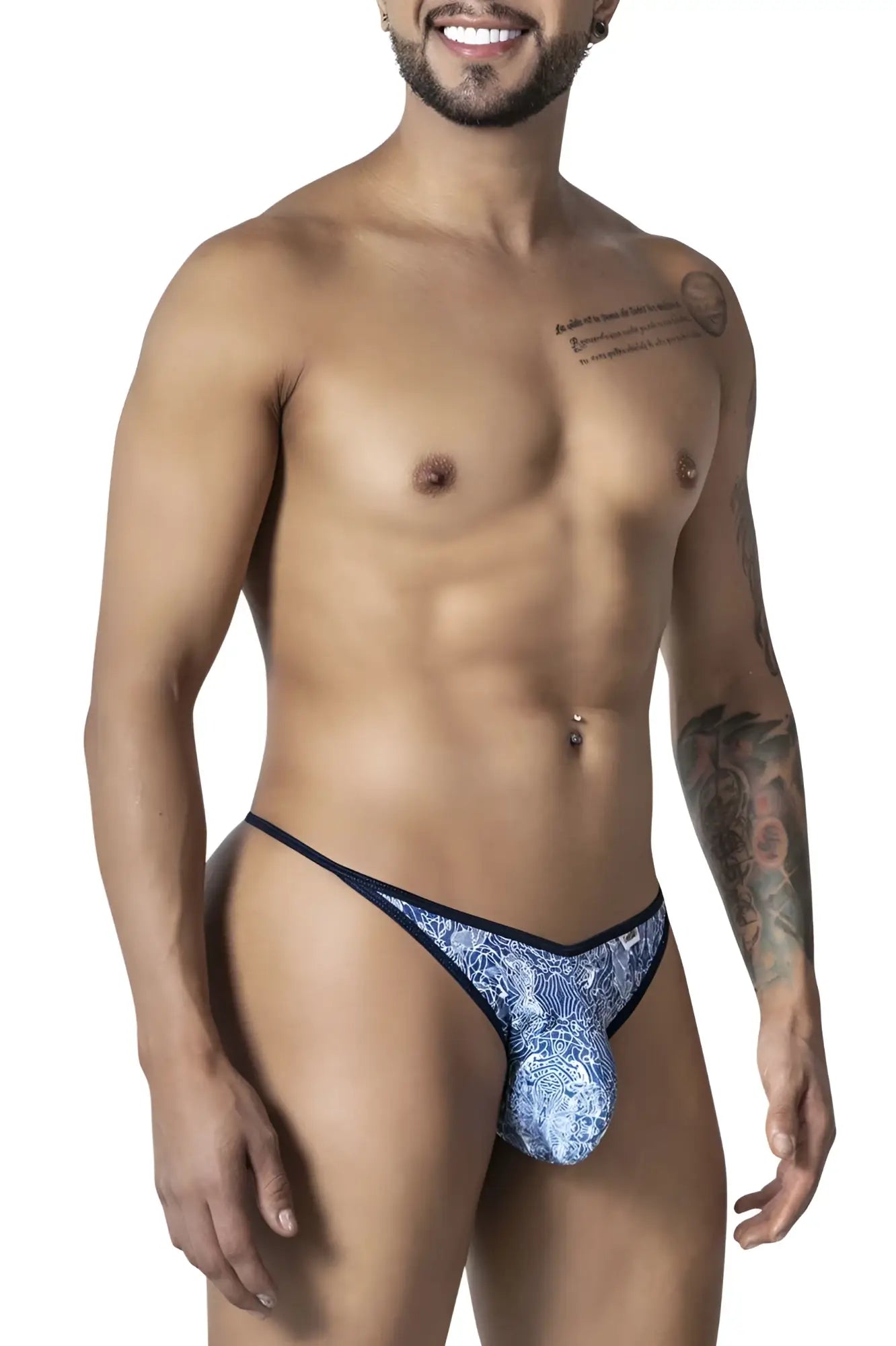 Blue-white candyman 99875 thong with blue patterned fabric and dark blue trim showing front side view