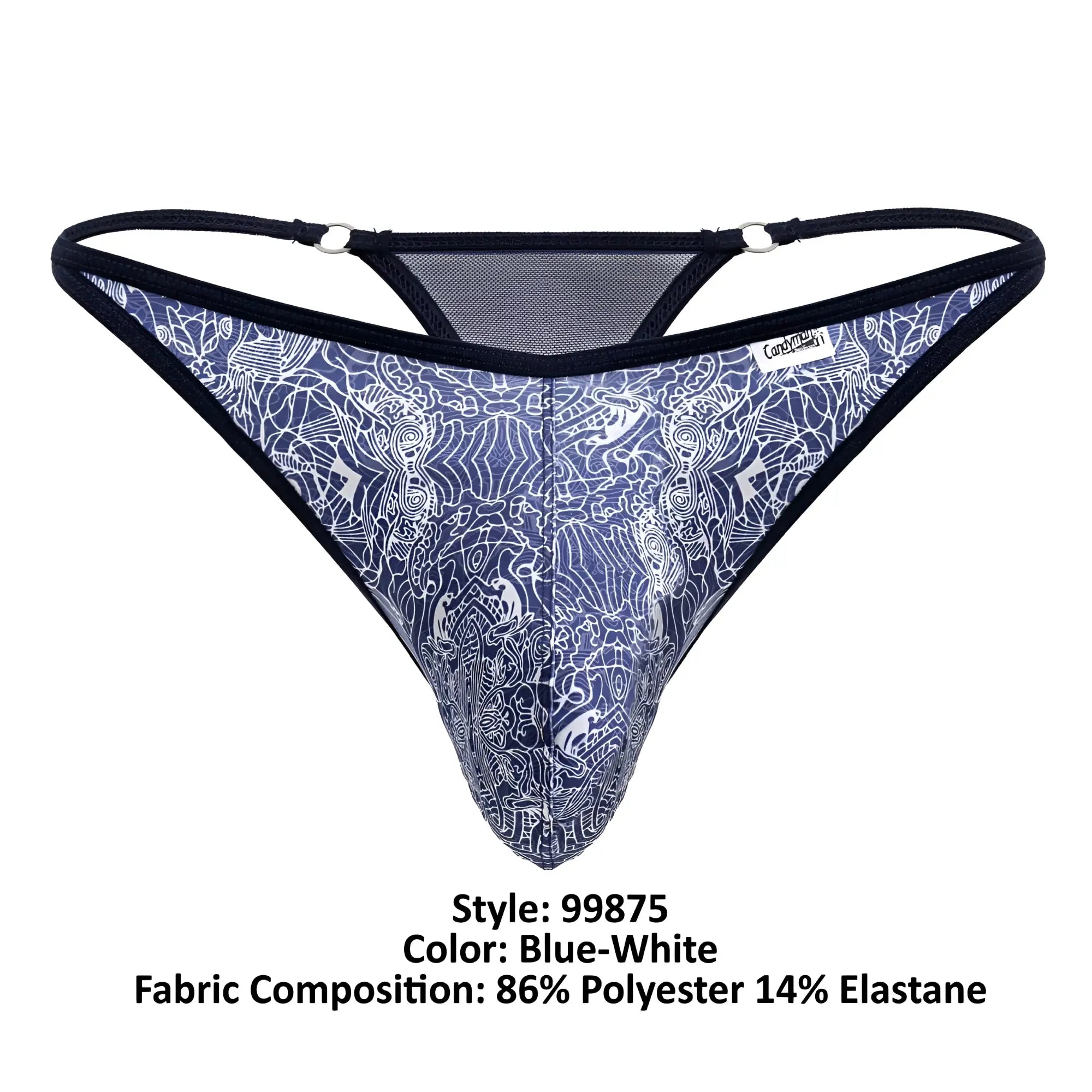 Blue-white CandyMan 99875 thong with intricate white line art, black elastic straps, and mesh detailing at the back