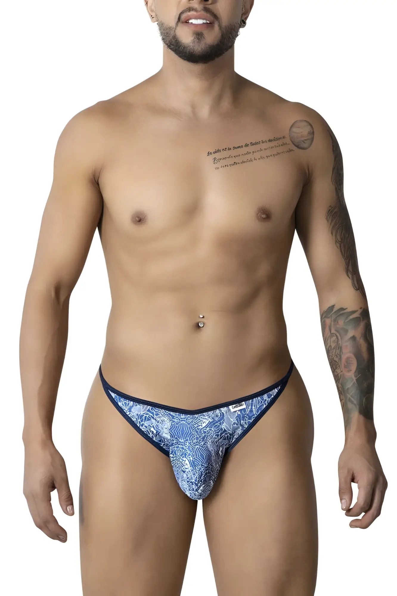 CandyMan 99875 blue white thong with water print pattern and navy trim showing front view