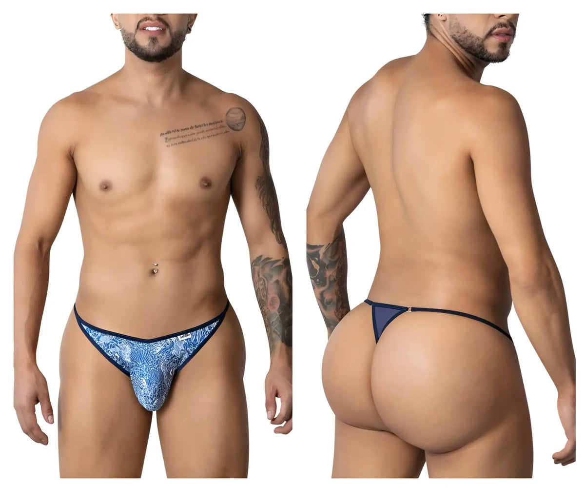 Blue patterned thong with navy trim from candyman 99875 water prints collection in blue and white colors