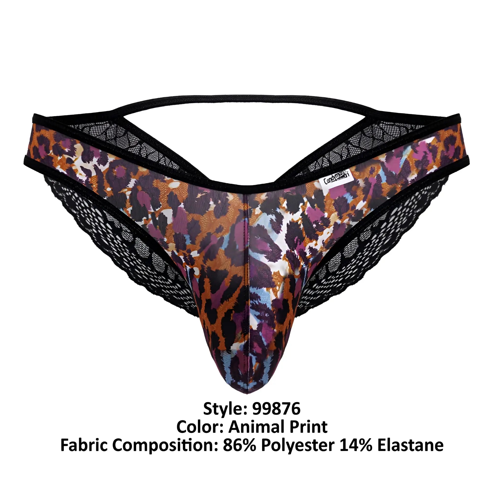 A men’s thong CandyMan 99876 featuring bold brown purple and black animal print with intricate lace trim