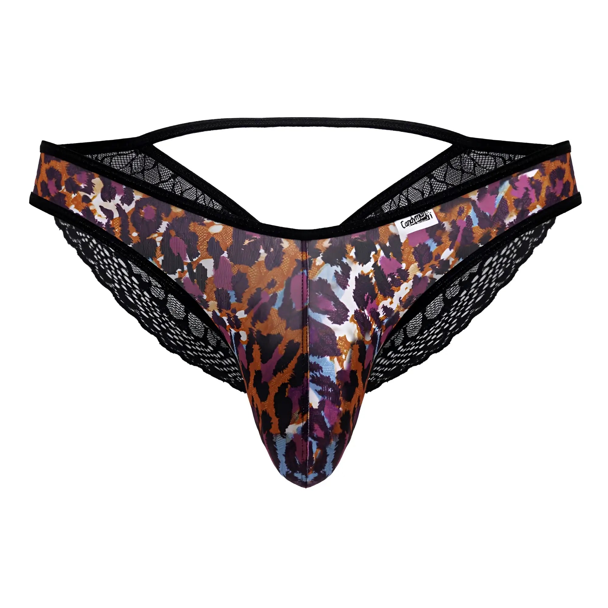 CandyMan 99876 men’s thong with bold multicolored leopard print and black lace trim in brown purple orange and blue