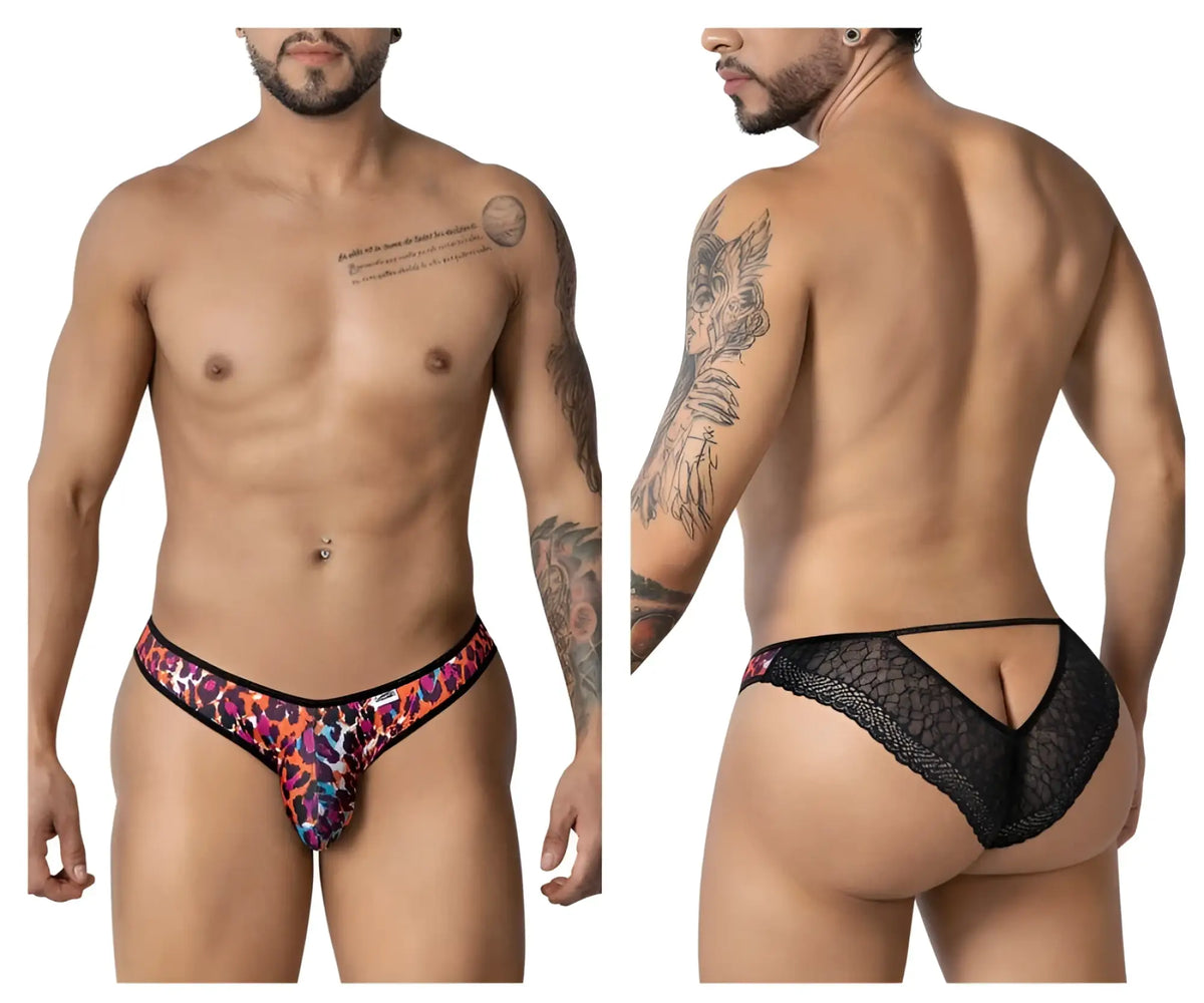 Vibrant candyman 99876 leopard briefs with bold animal print front and sheer black lace mesh back detailing