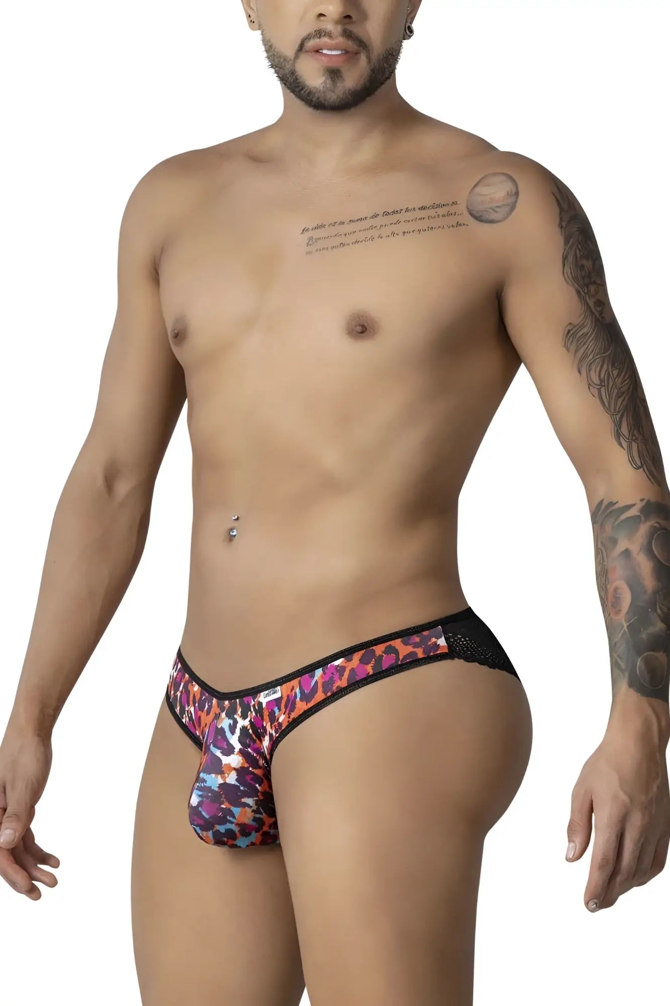Vibrant leopard-print briefs with black mesh trim from CandyMan 99876 animal print collection