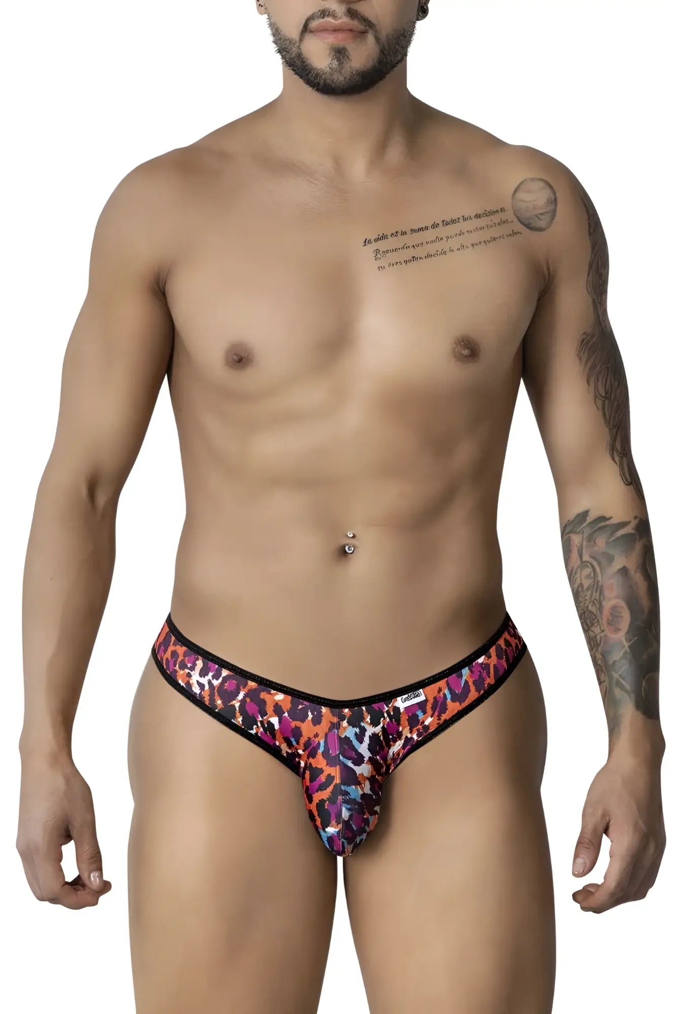 Vibrant CandyMan 99876 leopard briefs with bold orange purple and pink hues accented by black trim