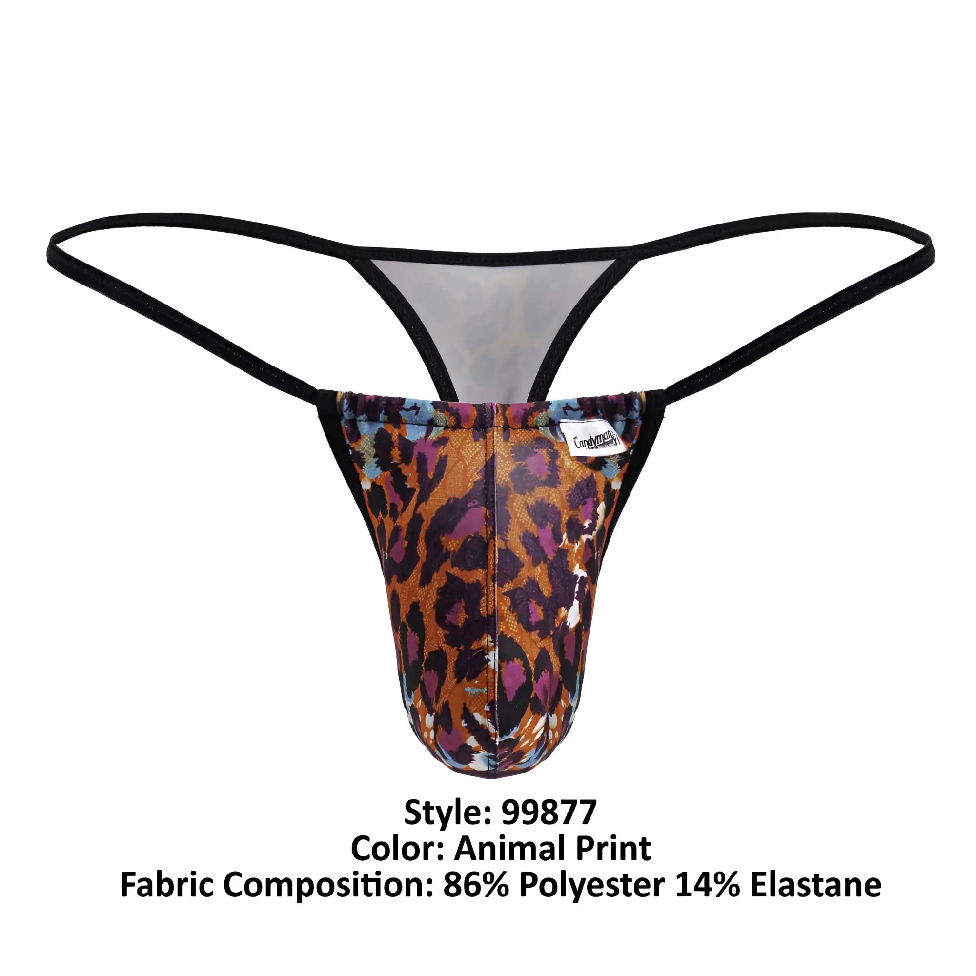 A men’s thong with a bold orange brown and purple leopard animal print and black elastic straps candyman 99877