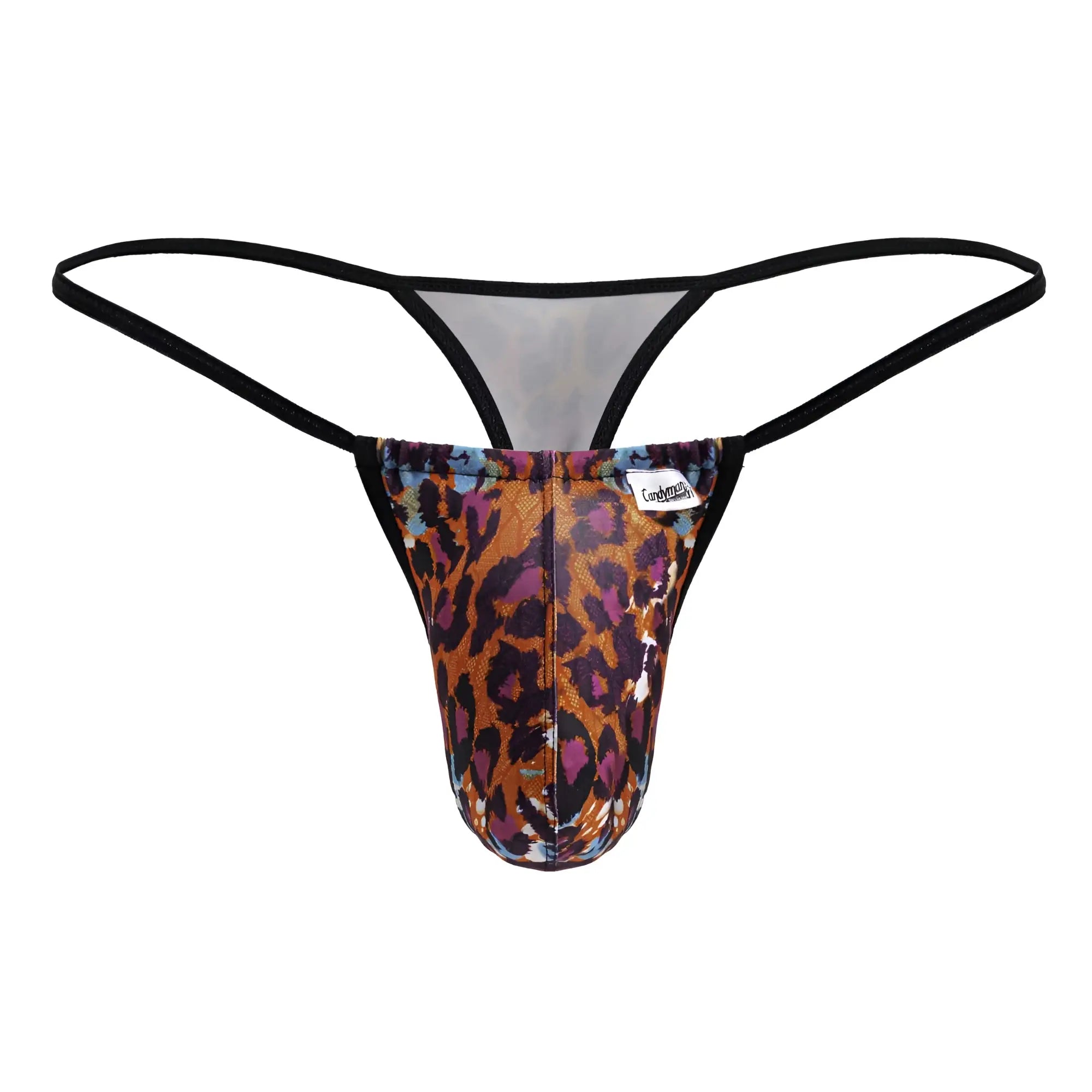 A men’s thong candyMan 99877 with bold orange purple and black leopard print and contrasting black elastic straps