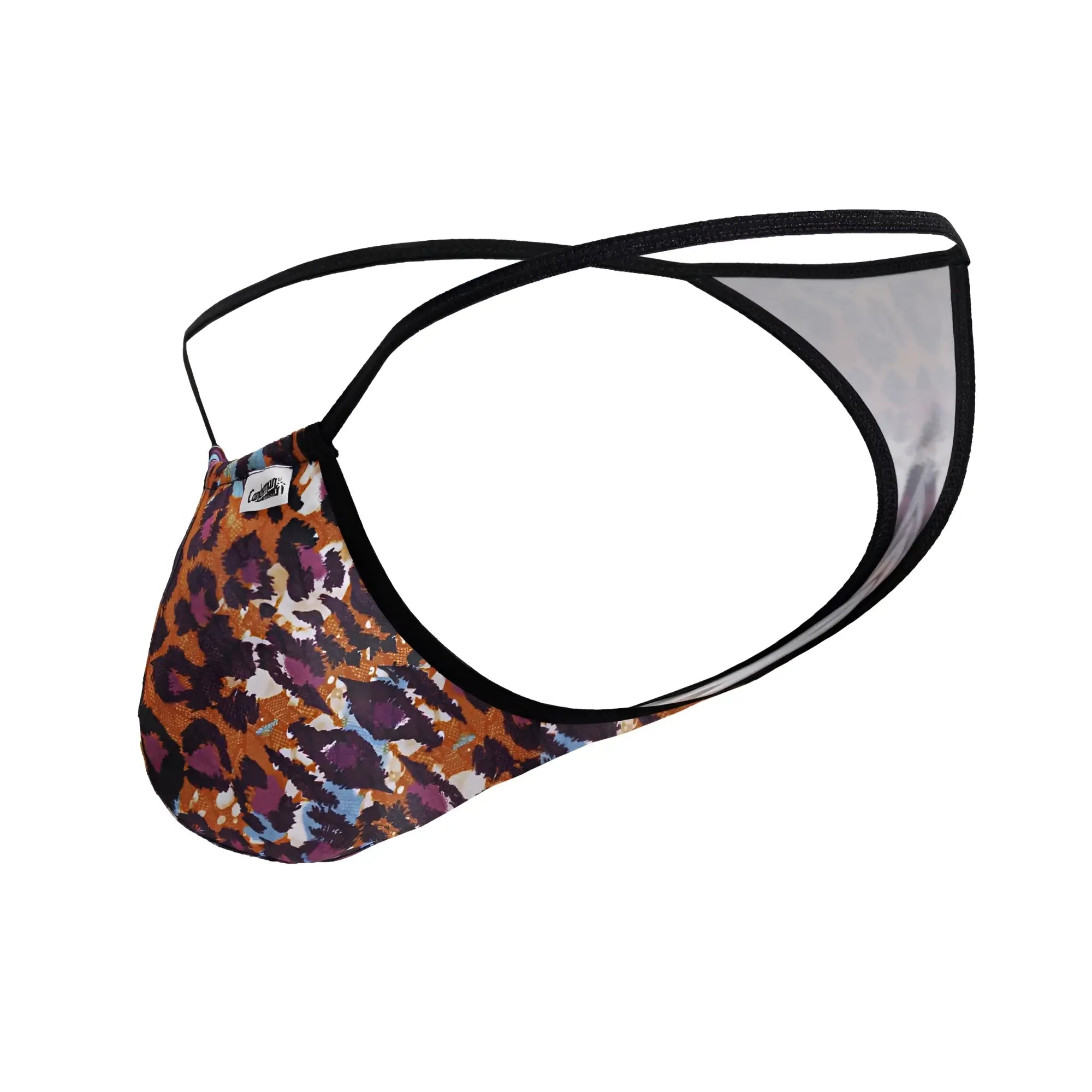 A men’s thong candyMan 99877 in bold orange purple and blue leopard print with black trim visible from the front