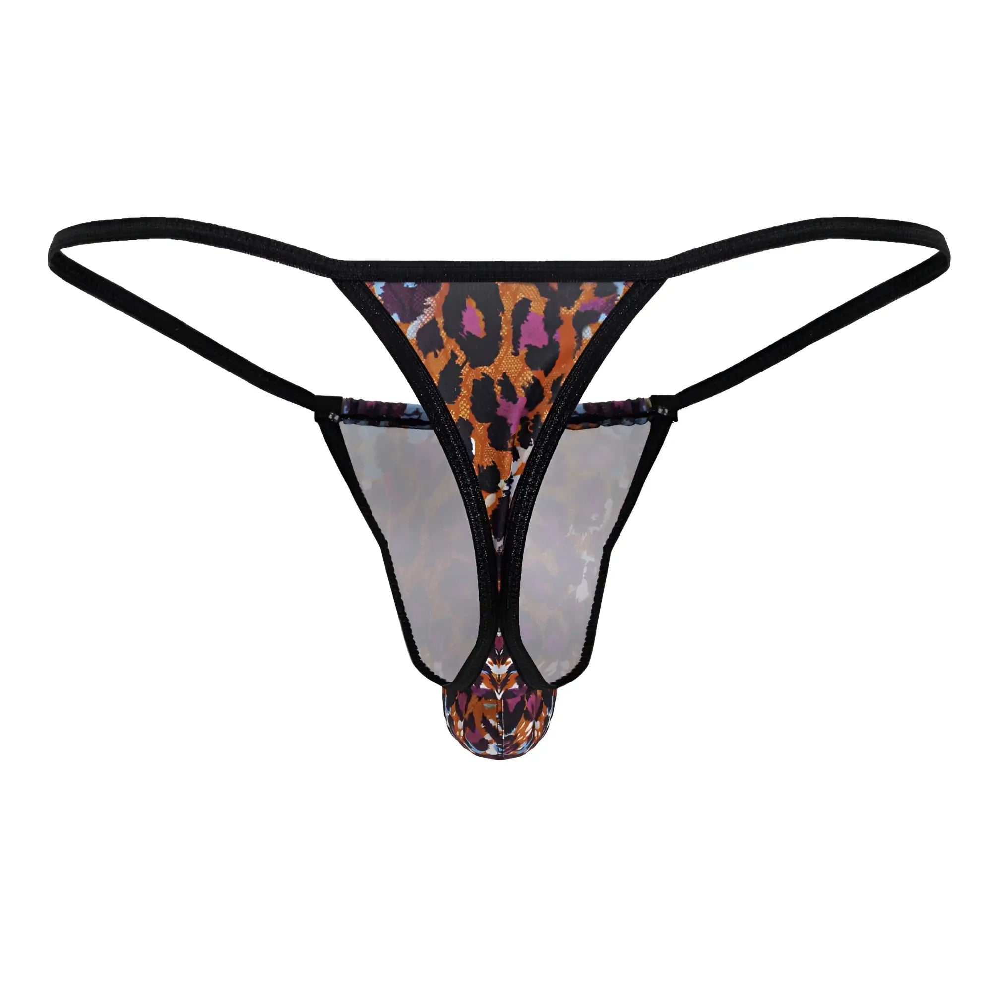CandyMan 99877 leopard thong with animal print, black elastic straps, and sheer mesh panel front view