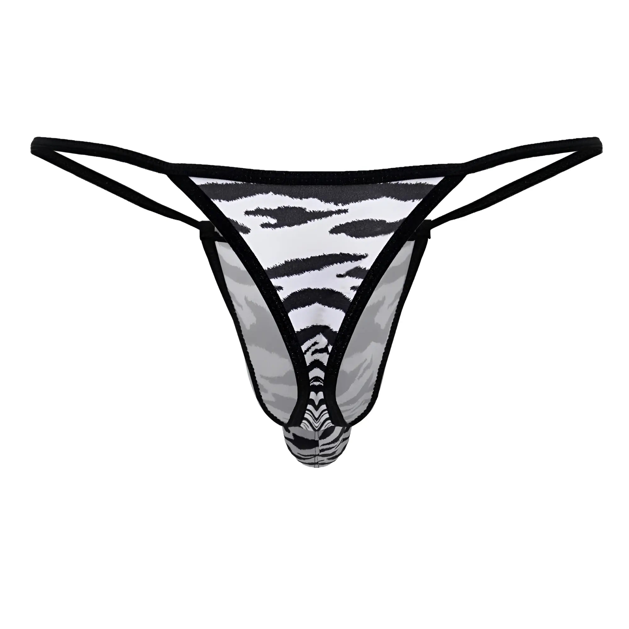Black and gray candyMan 99877 zebra print thong with sheer mesh fabric showing front view