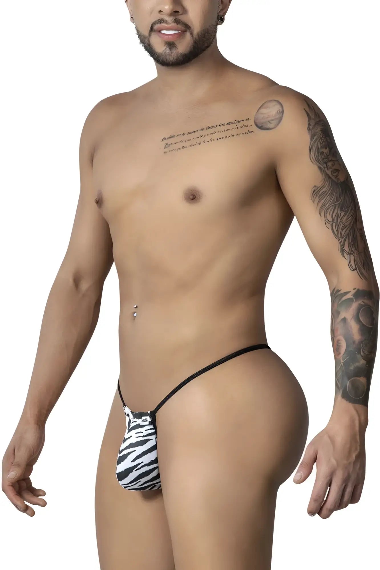 CandyMan 99877 zebra thong with black and white zebra print and thin black elastic waistband shown from the back