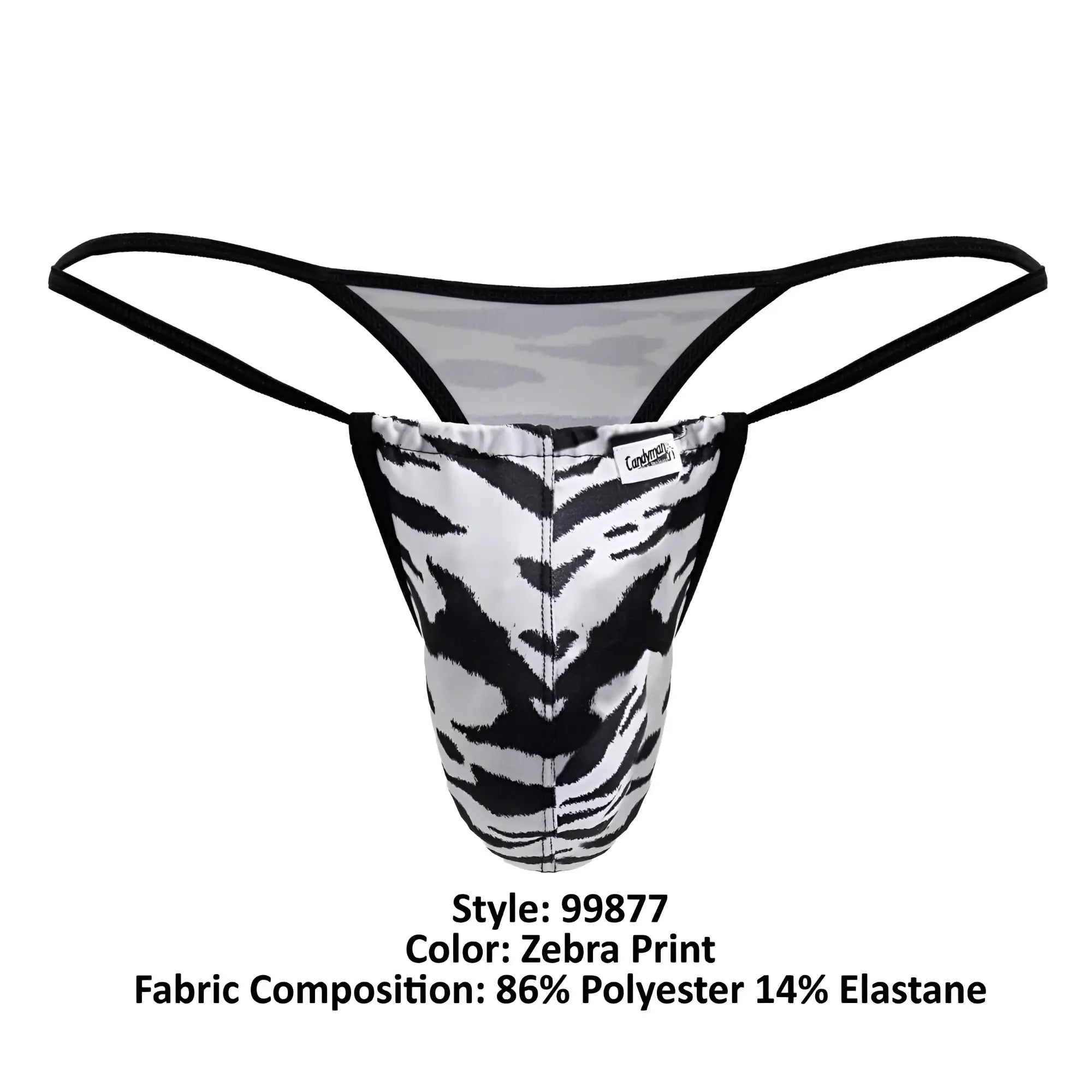 CandyMan 99877 zebra thongs black and white zebra print with black elastic straps front view