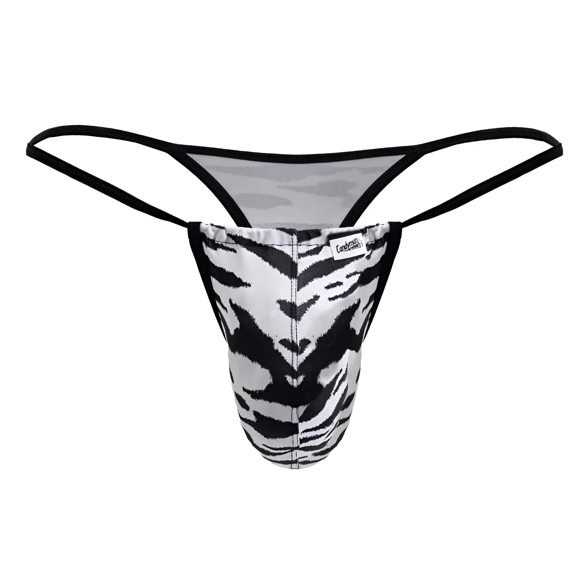 Black and white tiger-striped thong with black elastic straps from candyman 99877 zebra thongs collection