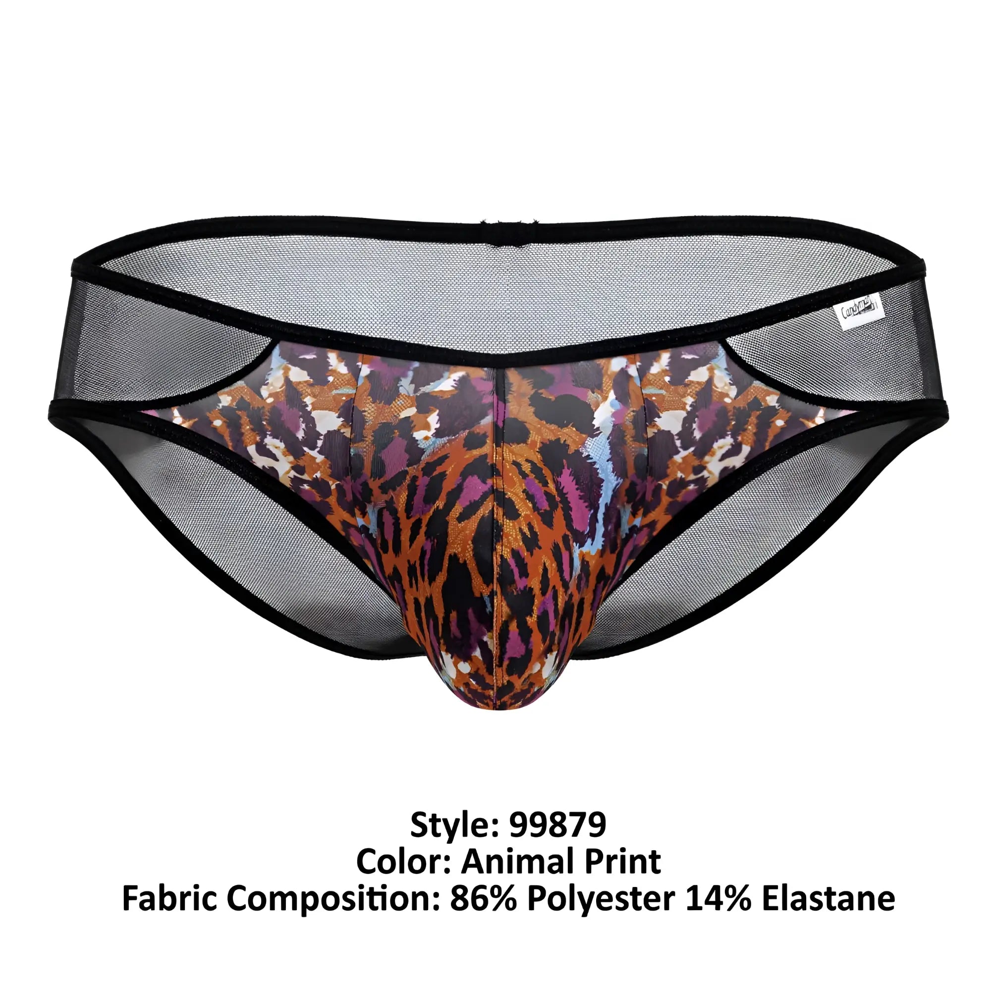 Candyman 99879 leopard briefs black mesh with bold orange brown and purple animal print pattern