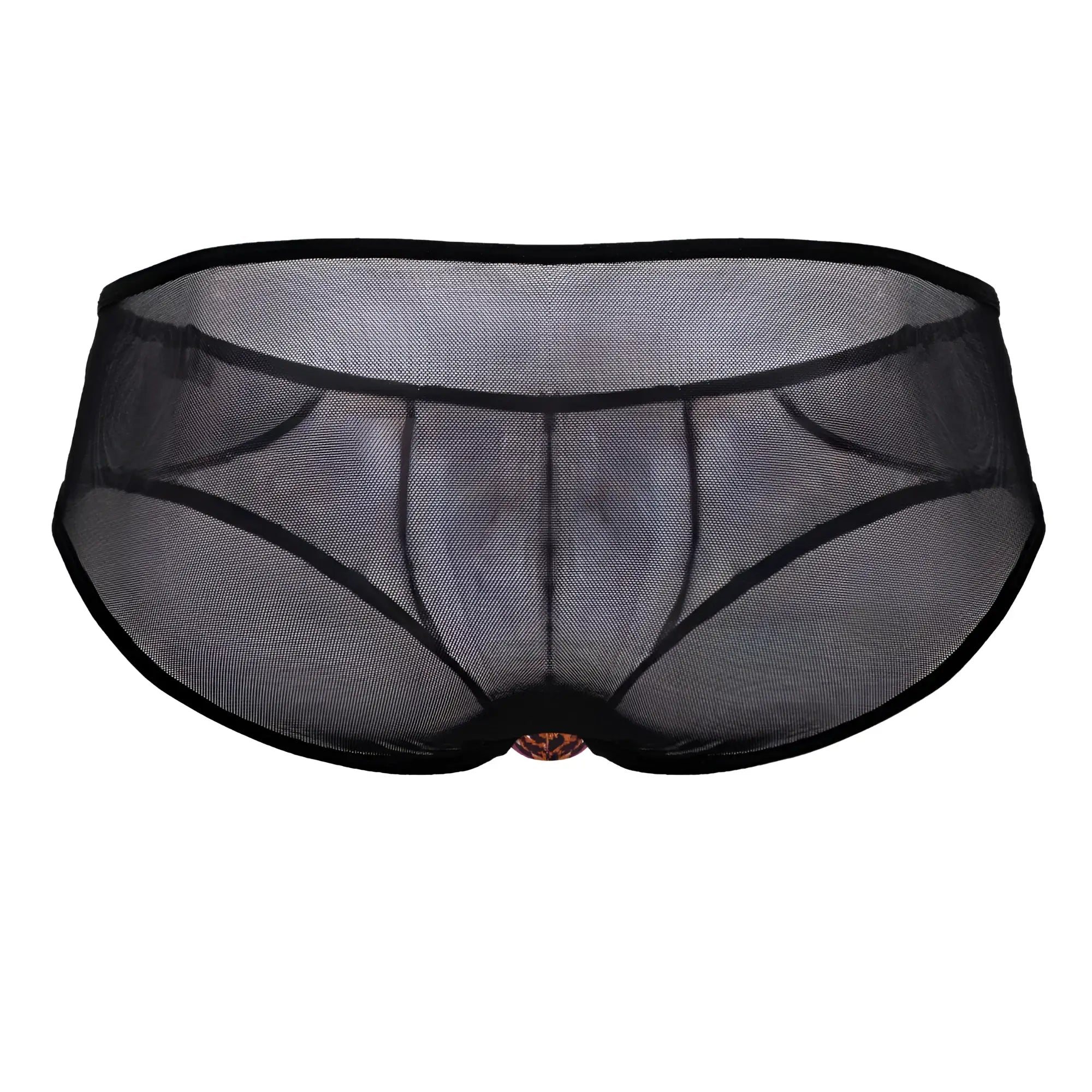 Black mesh briefs with solid black waistband and leg openings featuring a gold ornate clasp candyMan 99879 animal print