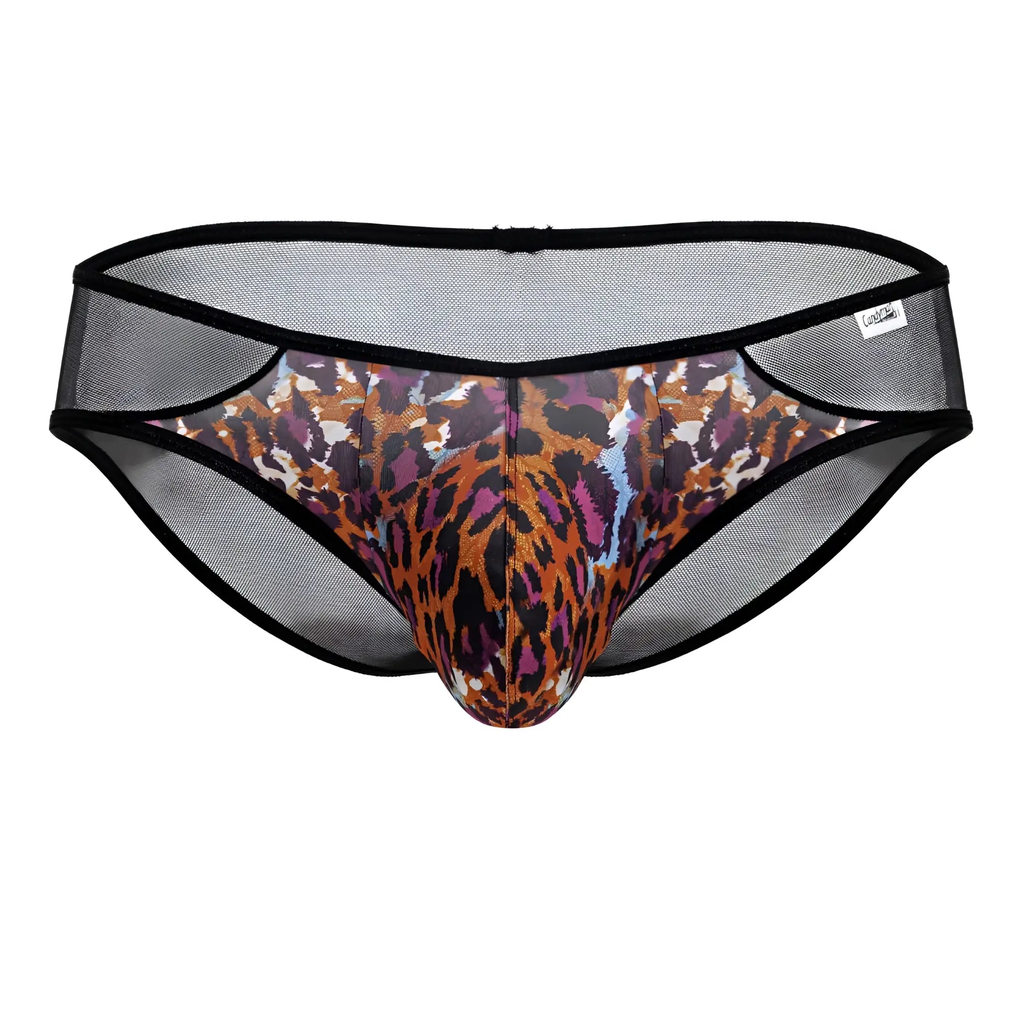 CandyMan 99879 leopard briefs in black mesh with a vibrant multi-colored leopard print pattern
