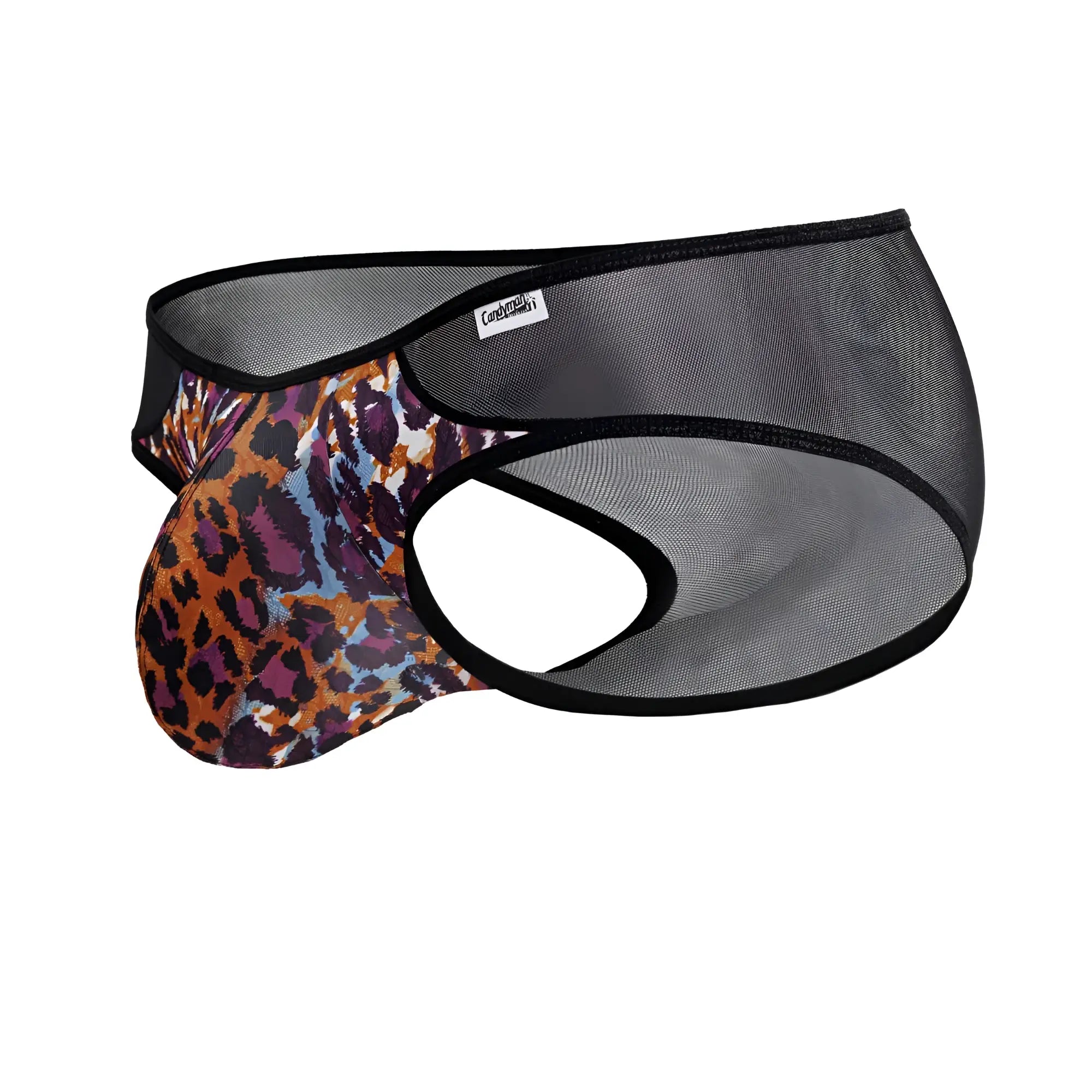 Leopard-print mesh briefs with black trim and branded tag candyMan 99879 animal print color