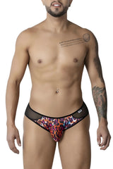 Vibrant leopard-print briefs by candyman with black mesh side panels and a sleek modern design in animal print color