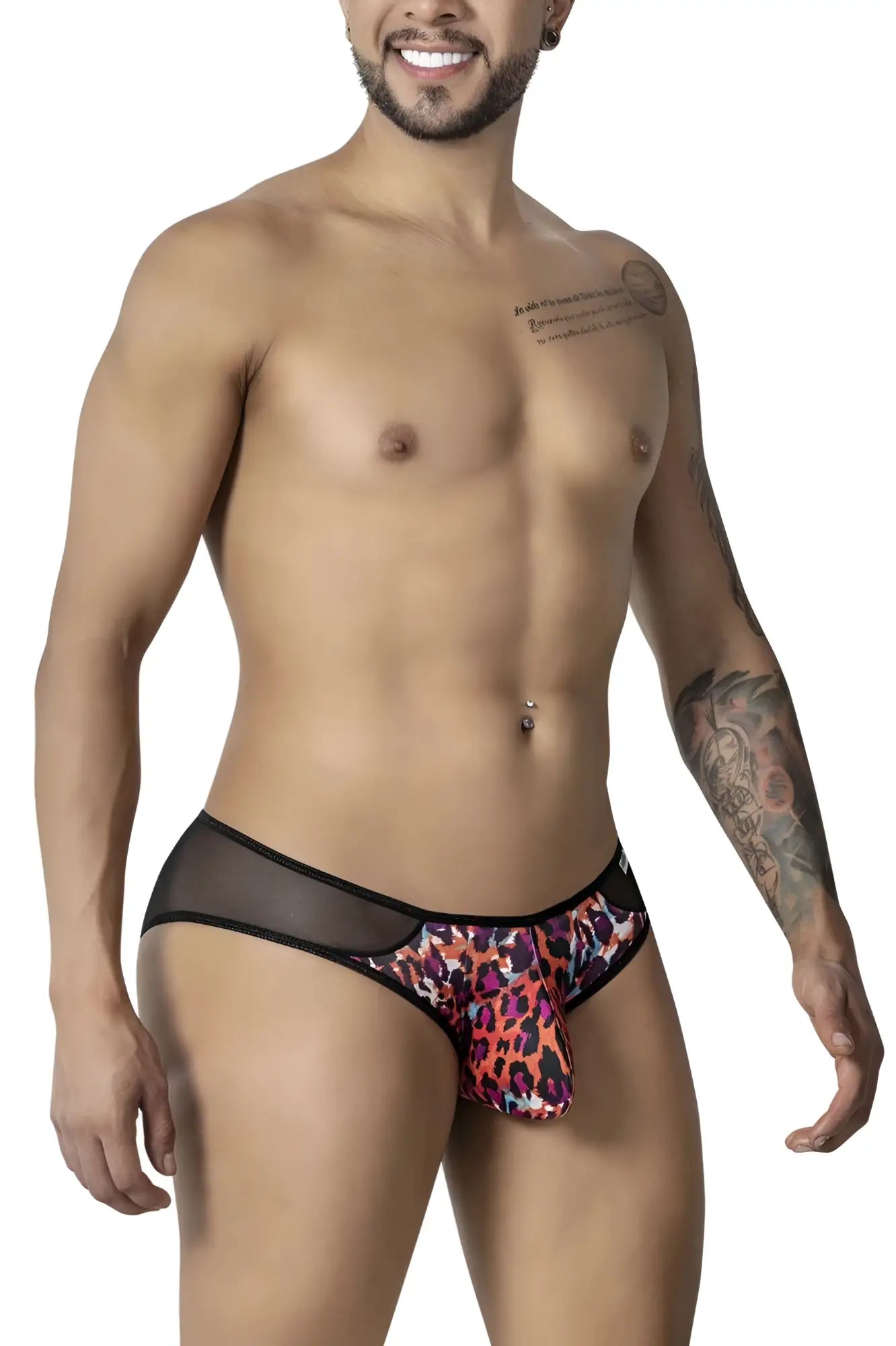 Vibrant leopard print briefs with sheer black mesh side panels candyMan 99879 animal print underwear