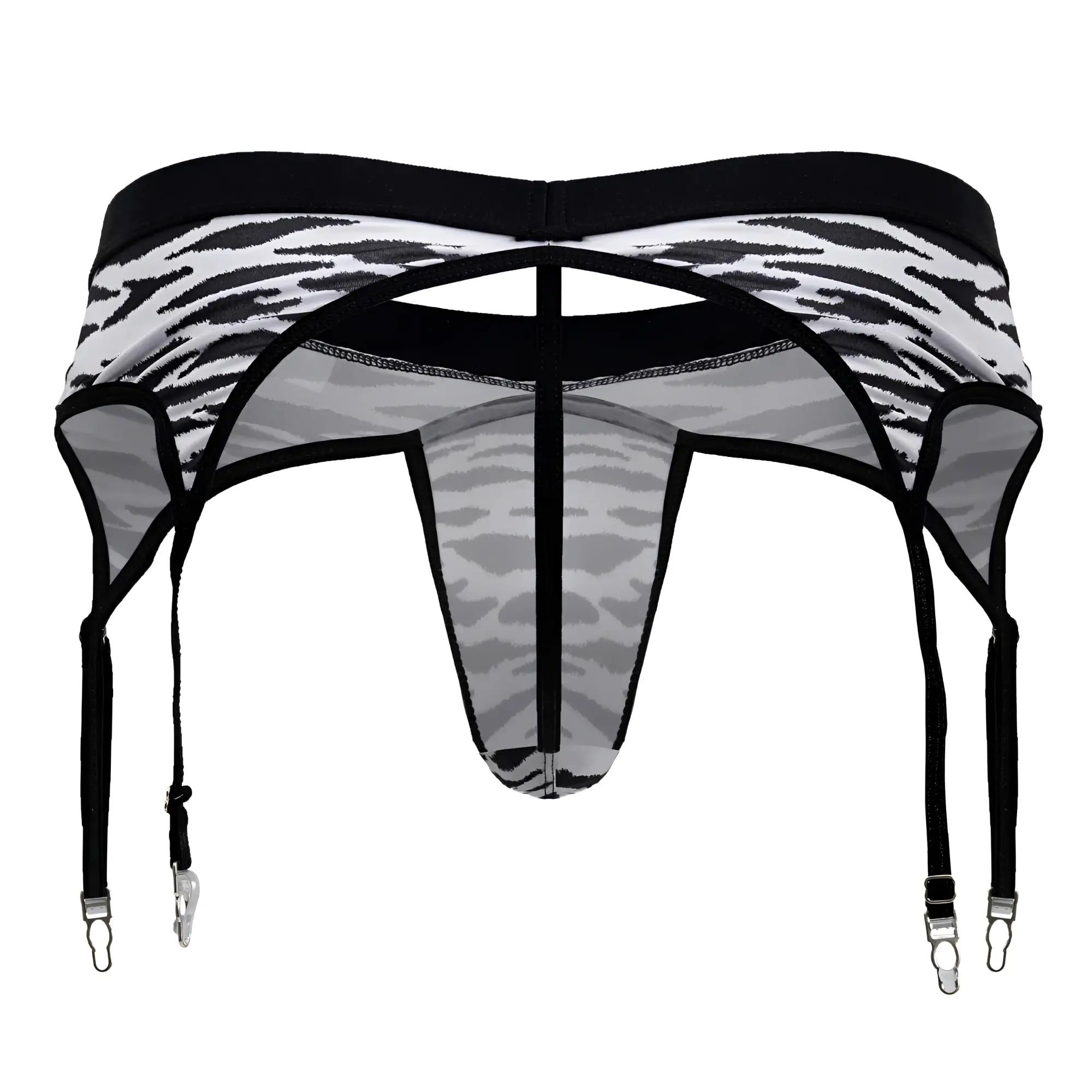 Black and white zebra print mens garter belt with sheer mesh panels and metal clasps for CandyMan 99881 zebra thongs