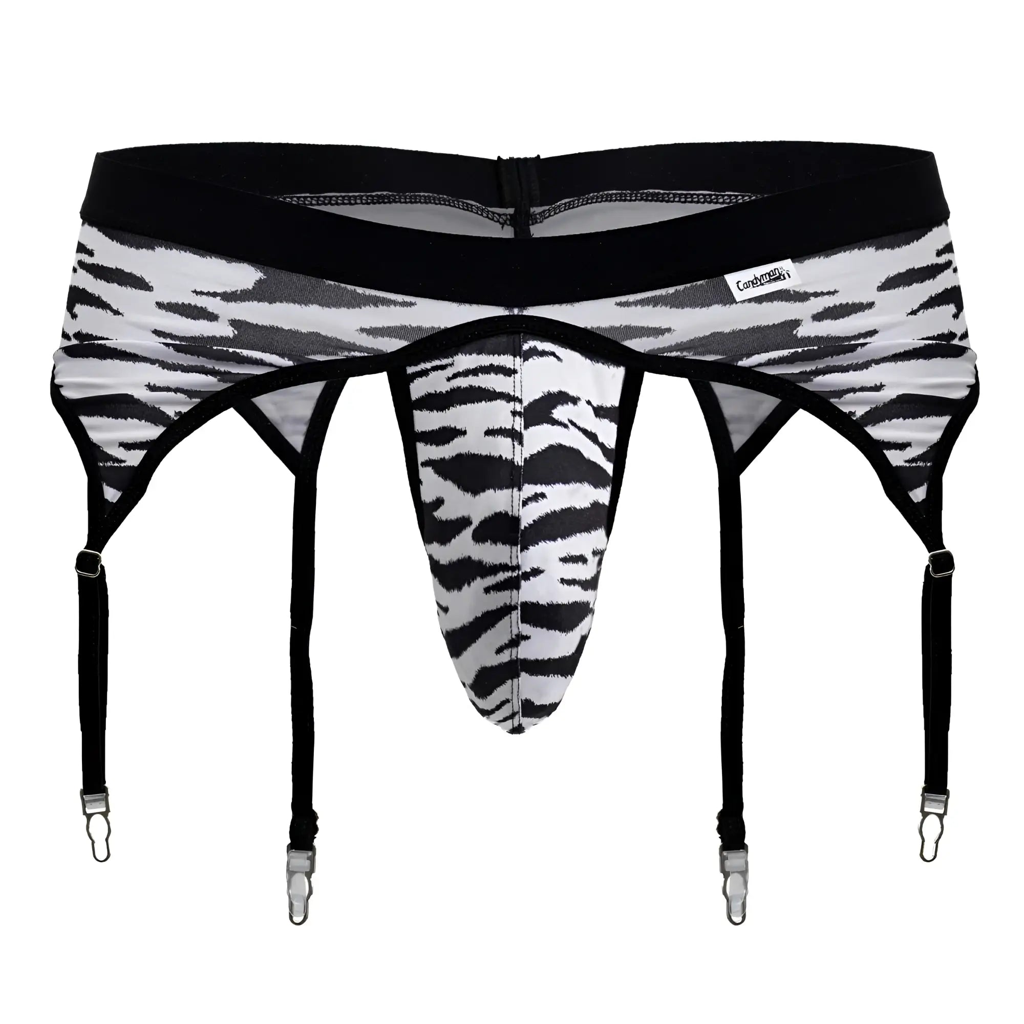CandyMan 99881 zebra print men’s garter belt in black and white with four adjustable straps and zebra print design