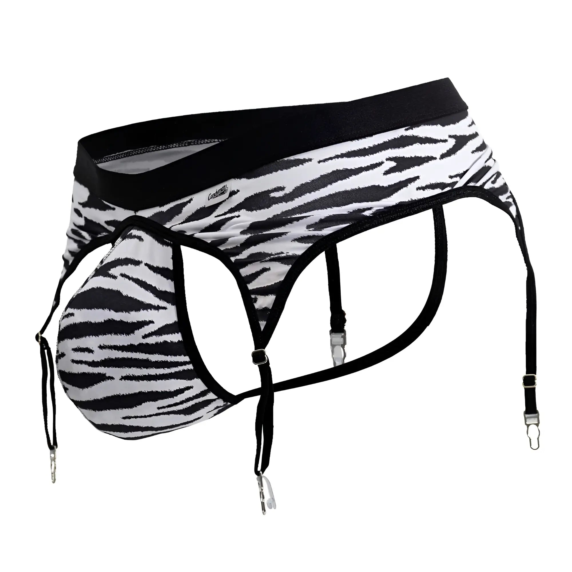 Black and white zebra-striped men’s briefs with suspenders from candyman 99881 zebra thongs color zebra print collection