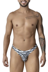 Candyman 99882 zebra thongs men’s briefs with black and white zebra print showcasing front side design
