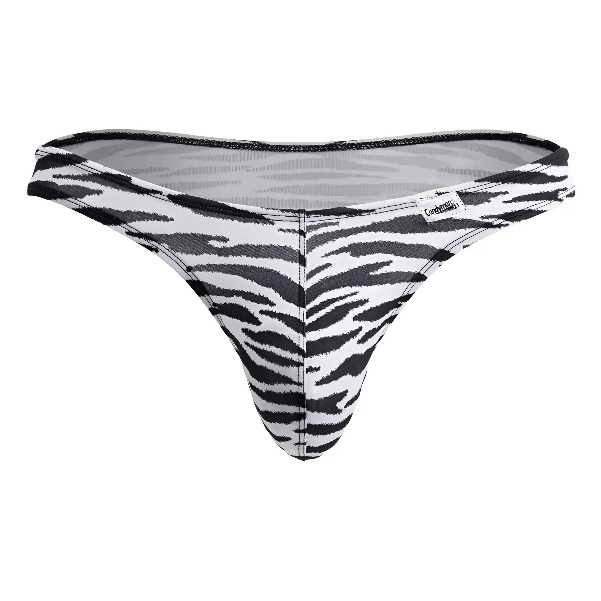 Black and white zebra print CandyMan 99882 thong with sheer mesh back shown from the back side