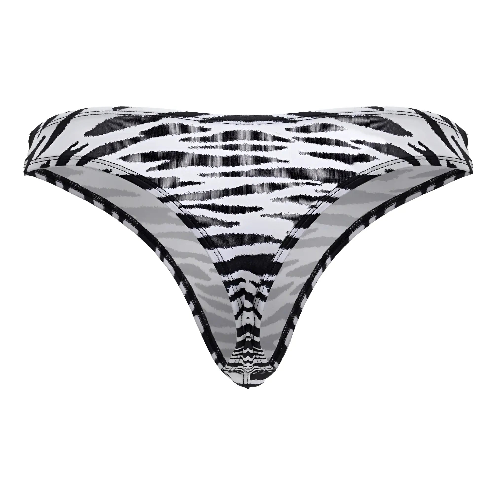 CandyMan 99882 zebra thongs sleek fitted black and white zebra print thong bikini bottom front view