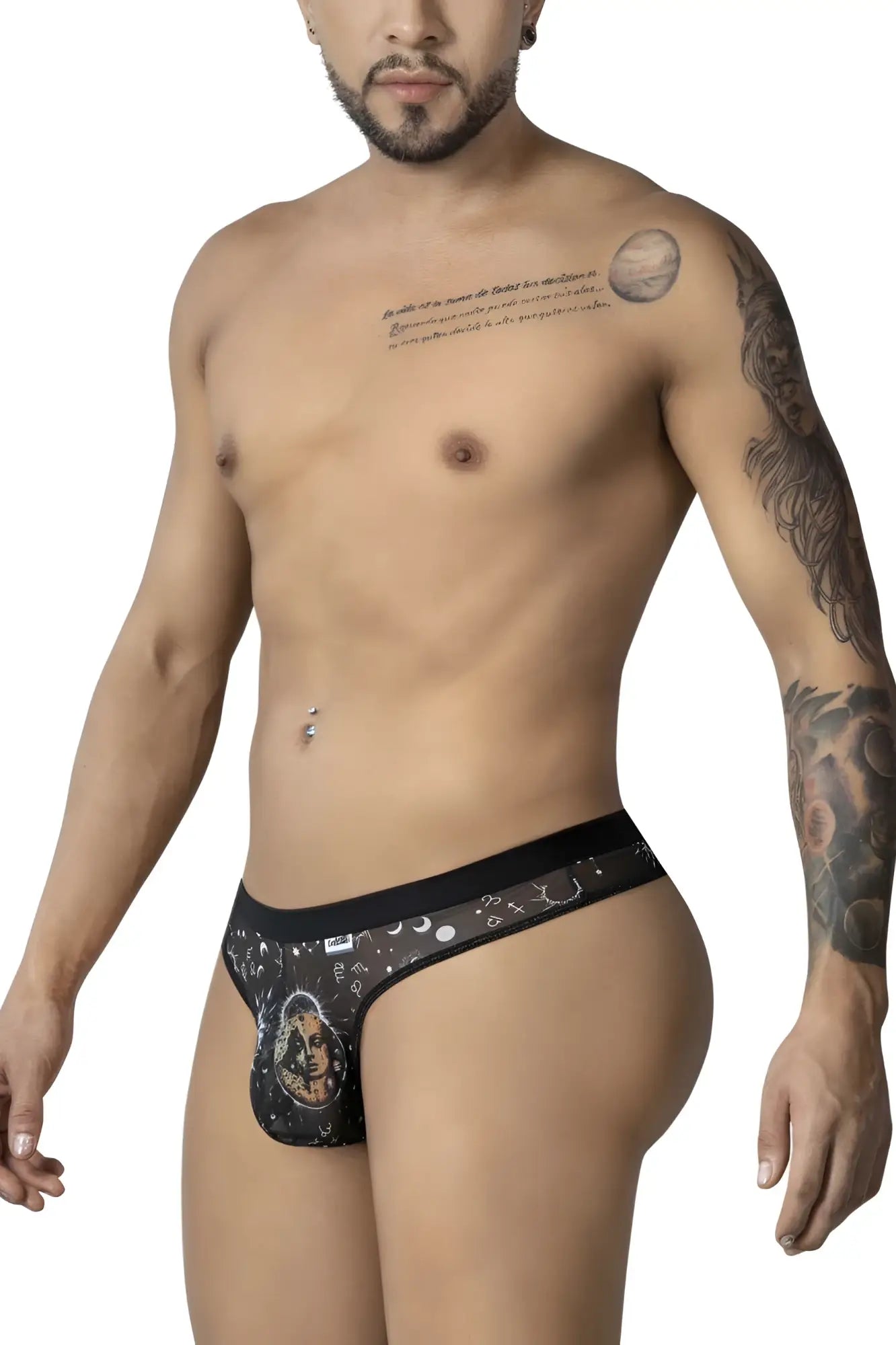 Black men’s thong with cosmic sun moon design and ornate emblem on front in black and white by candyman 99885