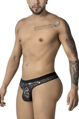 Black men’s thong with cosmic sun moon design and ornate emblem on front in black and white by candyman 99885