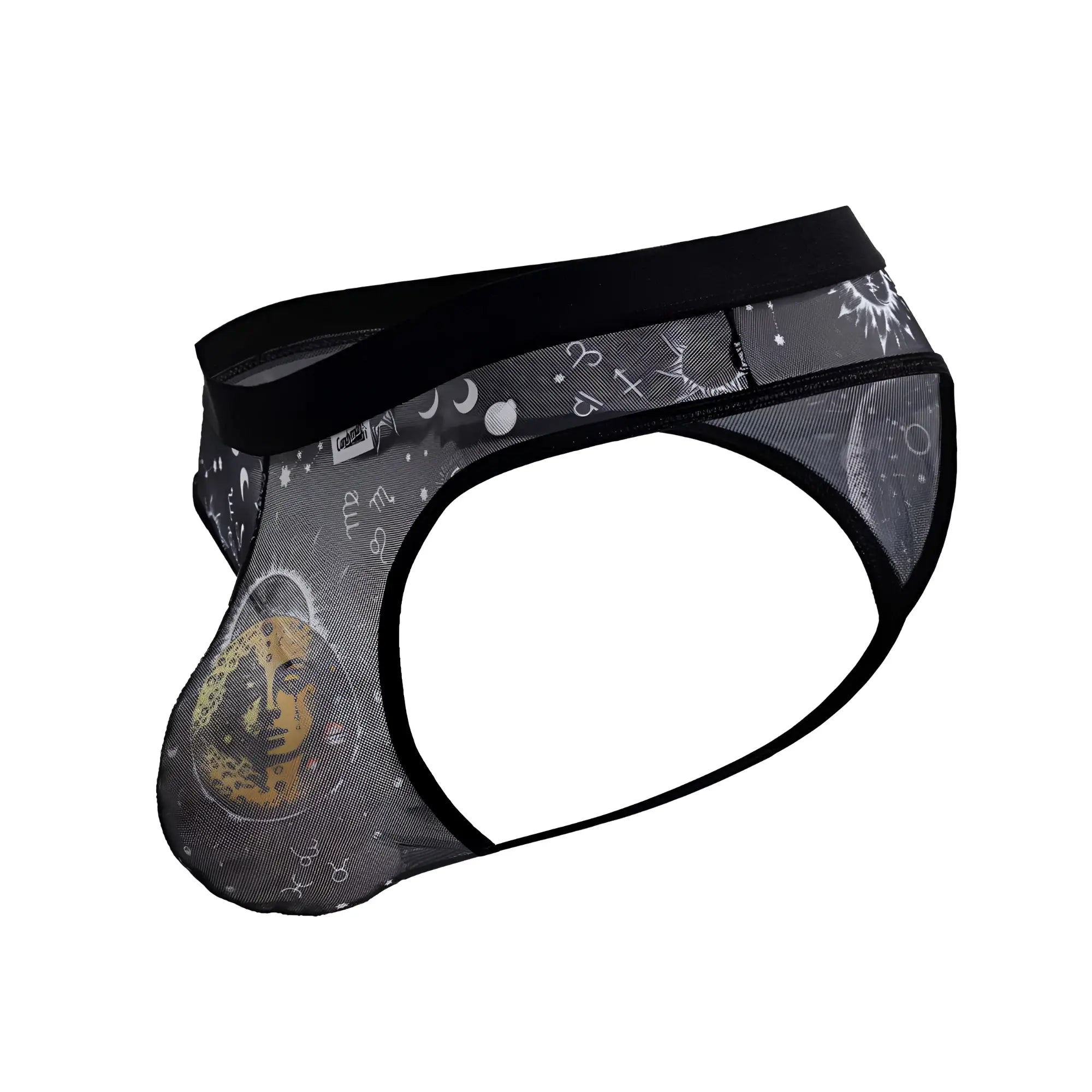 Black mesh CandyMan 99885 sun moon thongs with white astrological symbols and a yellow sun face on front