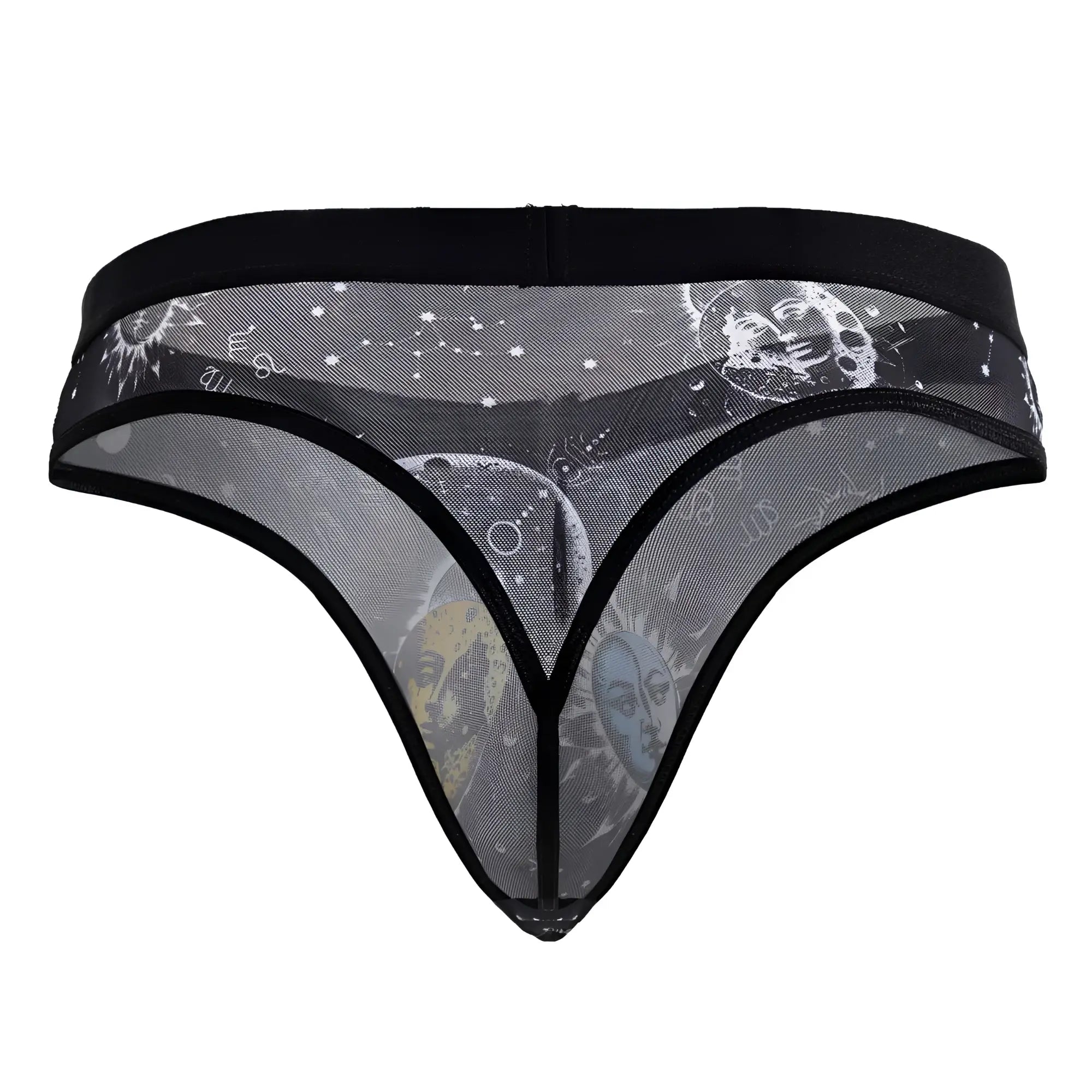 Black mesh CandyMan 99885 thong with celestial sun moon and star design in grayscale black-white colors