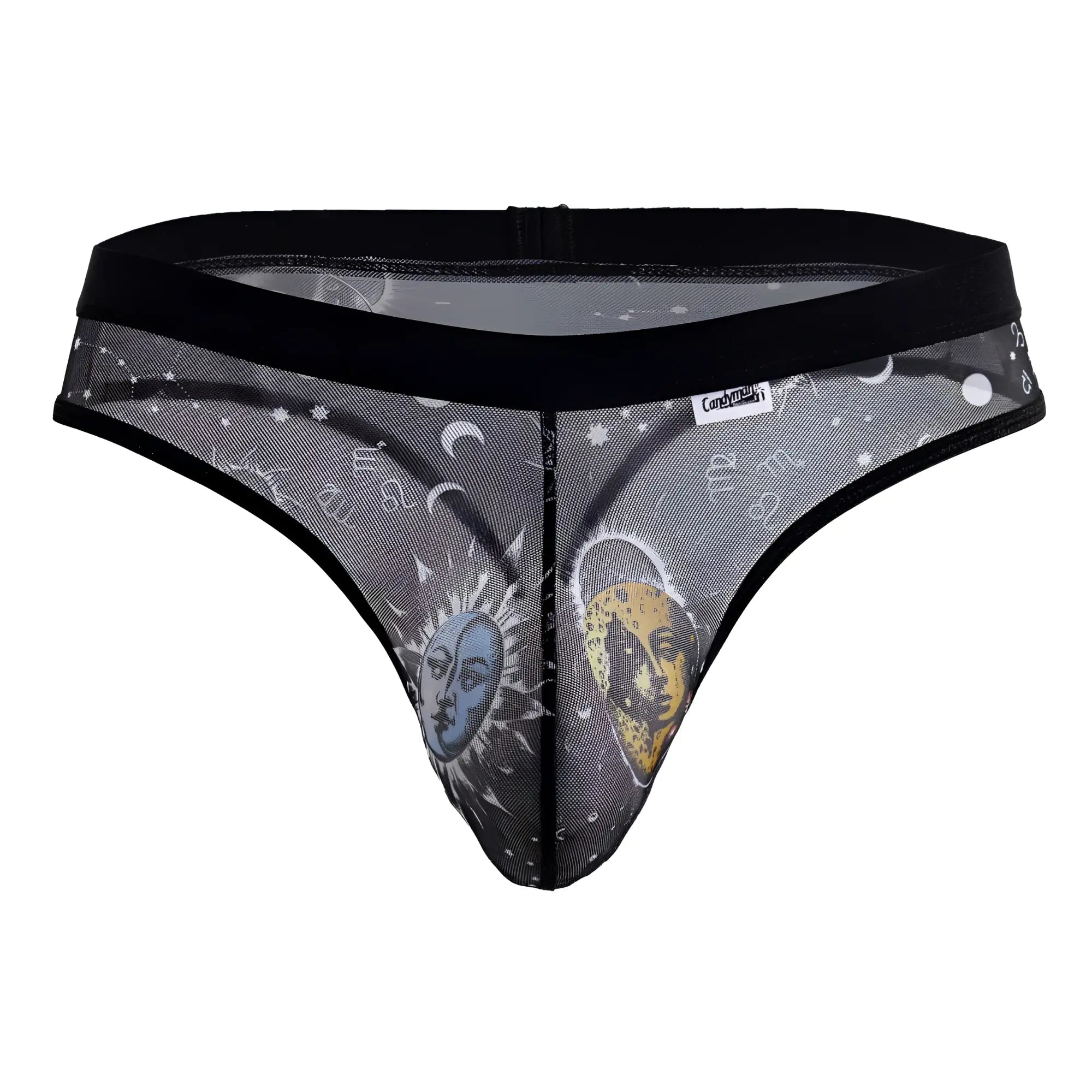 Black mesh CandyMan 99885 sun moon thong with blue sun face yellow moon face zodiac symbols on gray sheer fabric