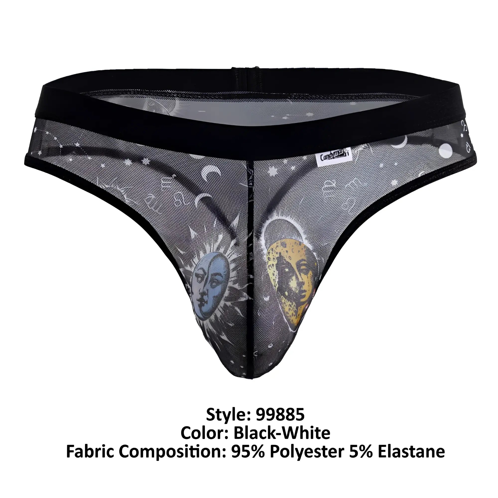 Black and white sheer mesh thong CandyMan 99885 with blue sun face yellow moon face and celestial astrological designs