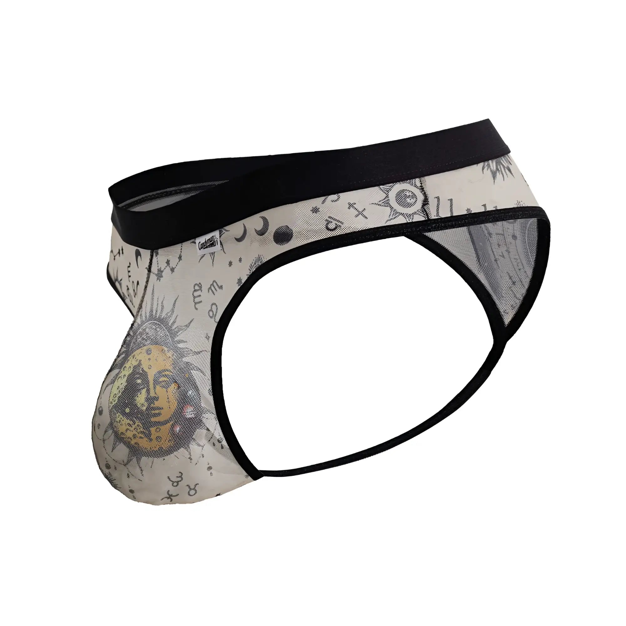 Cream-colored candyman 99885 sun moon thong briefs with black trim and celestial sun moon star design