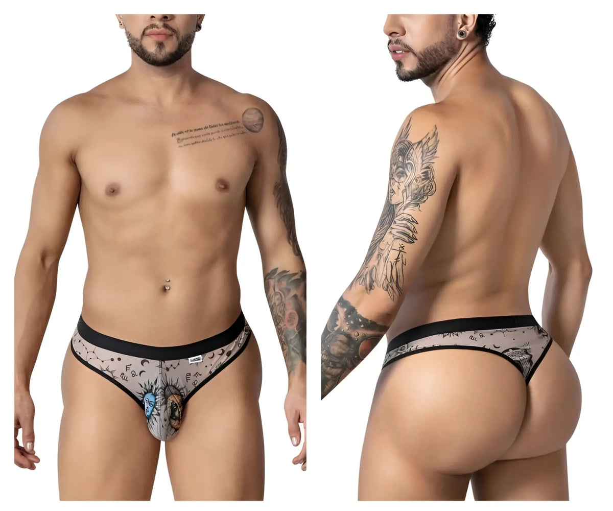 Candyman 99885 sun moon thongs in nude black with celestial sun moon stars and constellation pattern for men