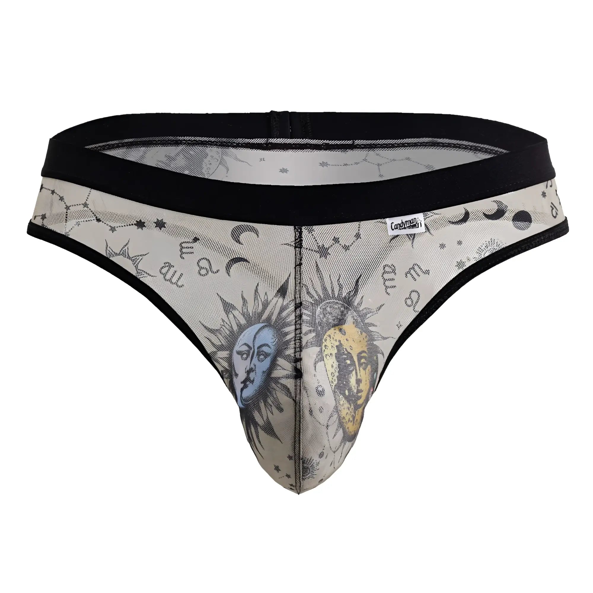 Sheer celestial-themed candy man 99885 sun moon thong in beige mesh with black trim featuring sun moon faces and zodiac symbols